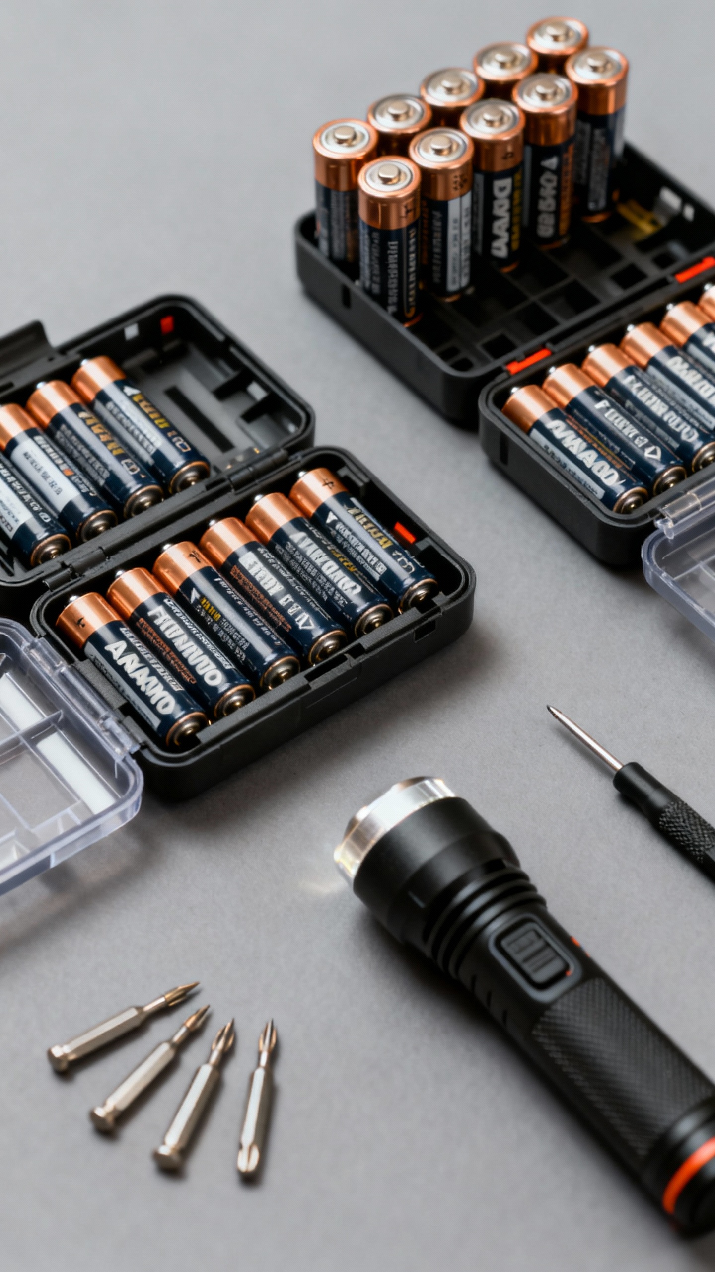 AA and AAA battery case open, neat rows, mini flashlight and screwdriver bits nearby