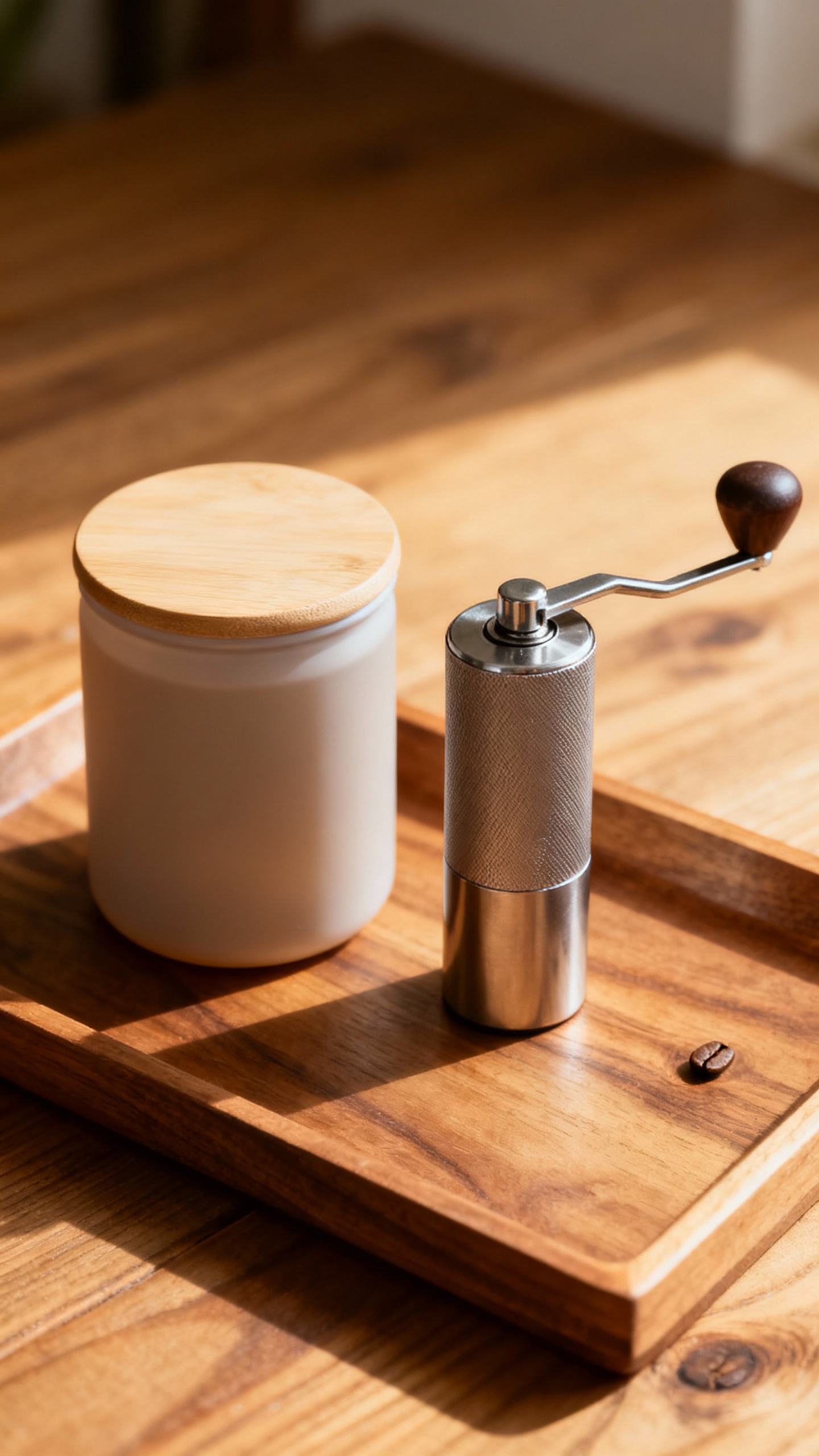 Burr grinder beside opaque labeled bean canister on wooden tray
