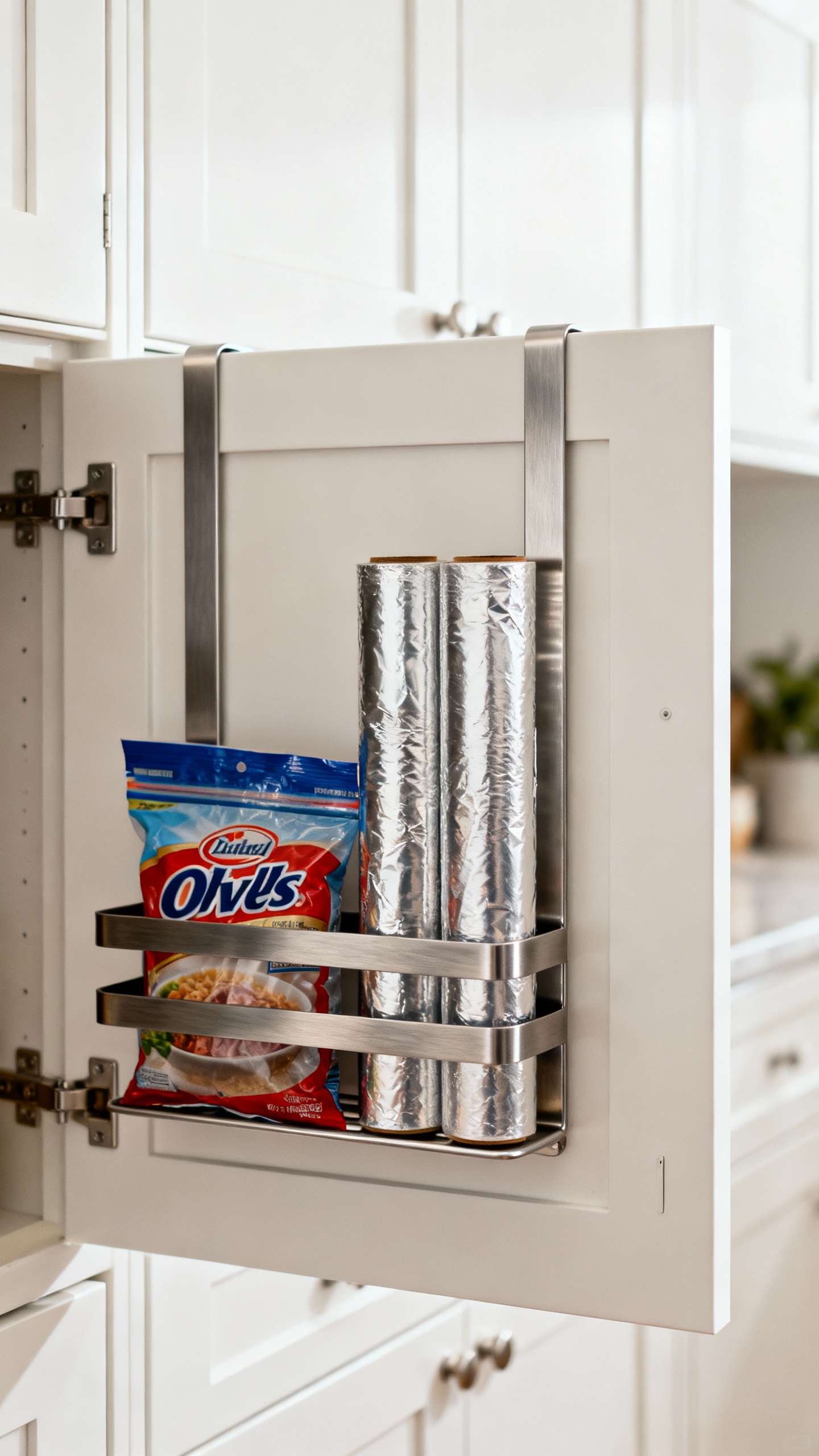 Cabinet door interior with over-the-door rack holding foils and zip bags, brushed metal, low-profile