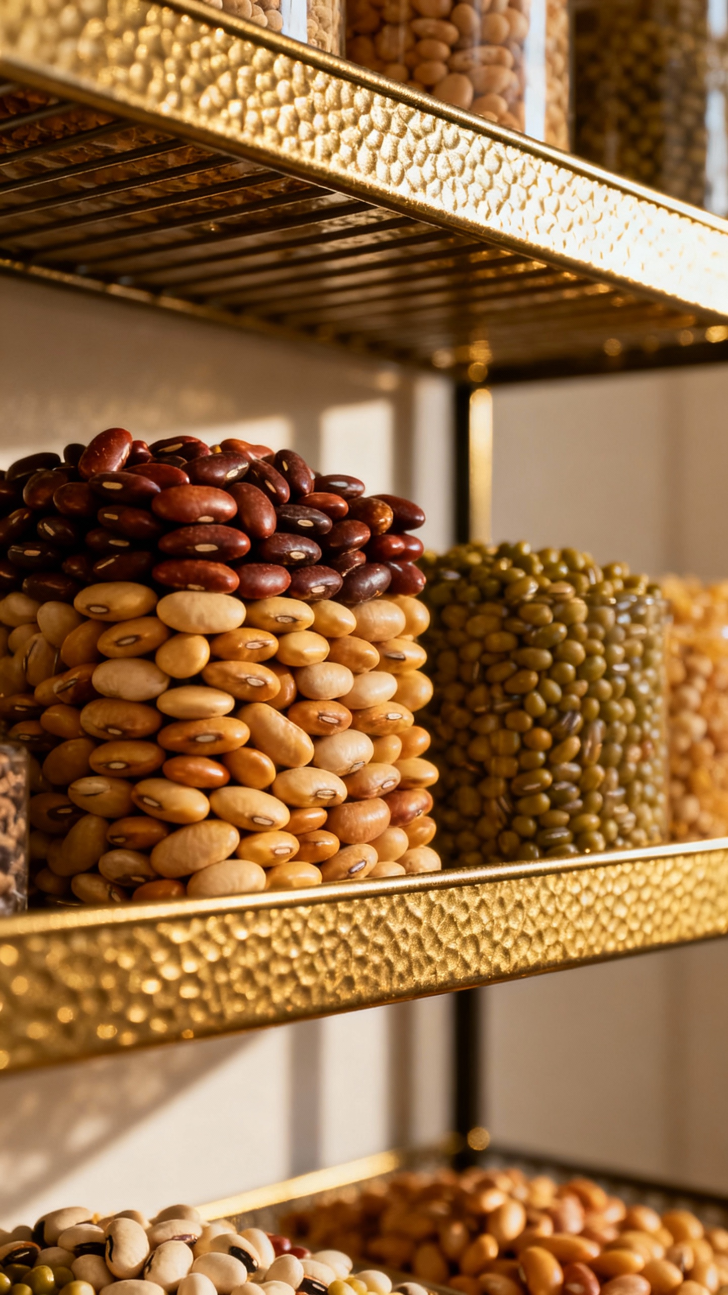 Can organizer rack in pantry, neatly stacked beans, textured metal shelves