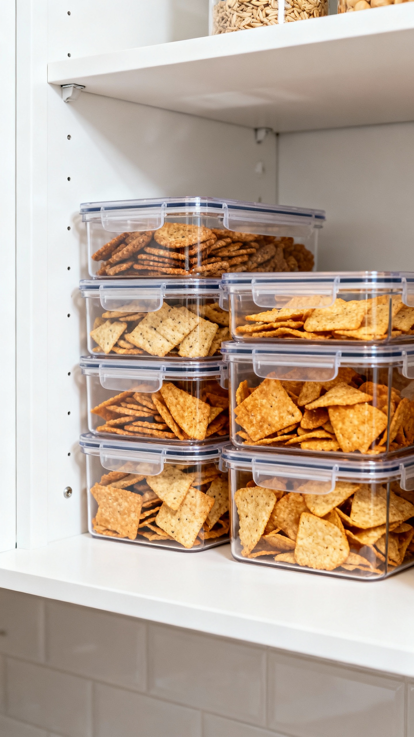 Clear PET stacking bins with snacks in white pantry cabinet