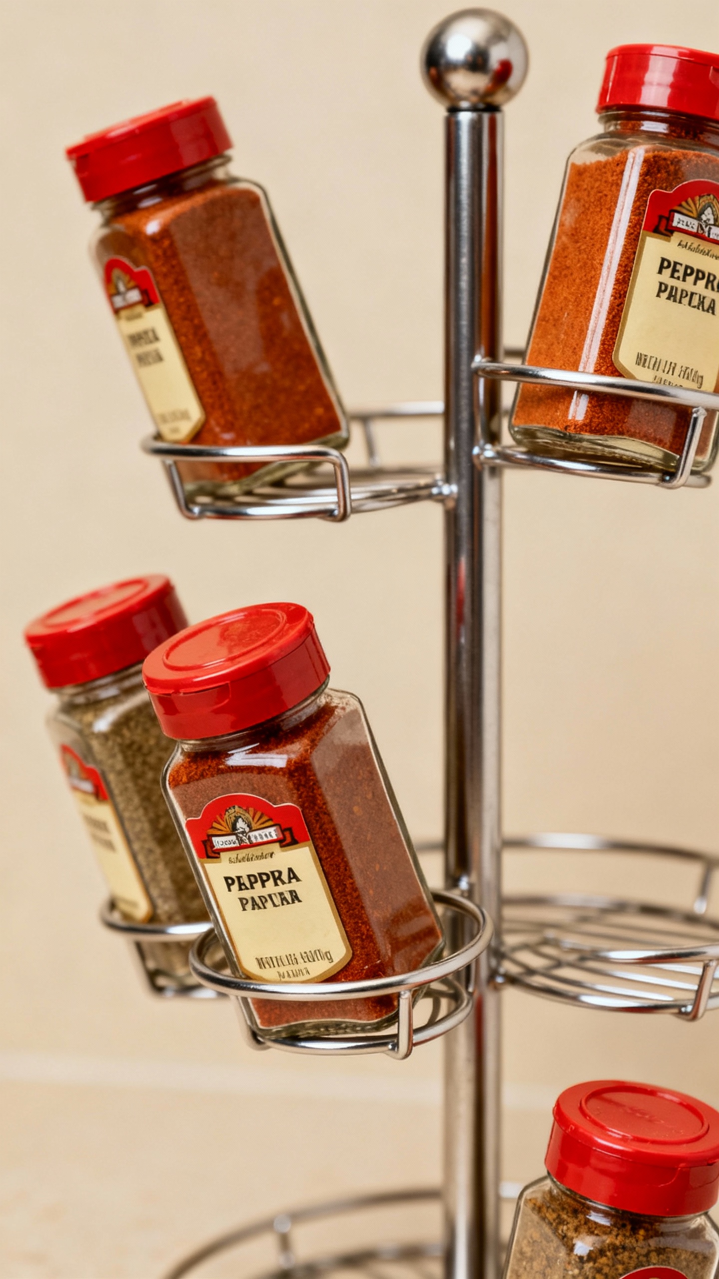 Closeup adjustable tiered spice riser, labels forward, metal, paprika jars