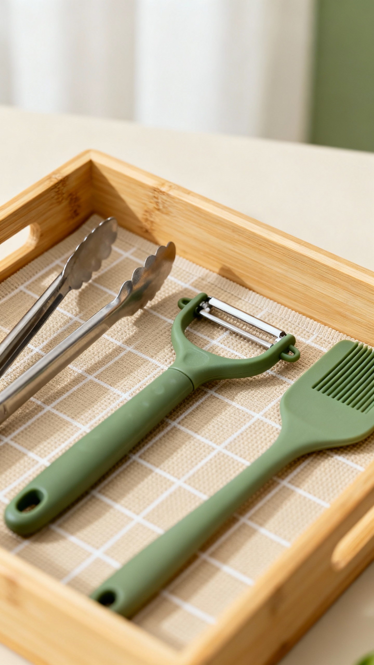 Closeup bamboo expandable utensil tray with tongs, peeler, spatula, non-slip liner