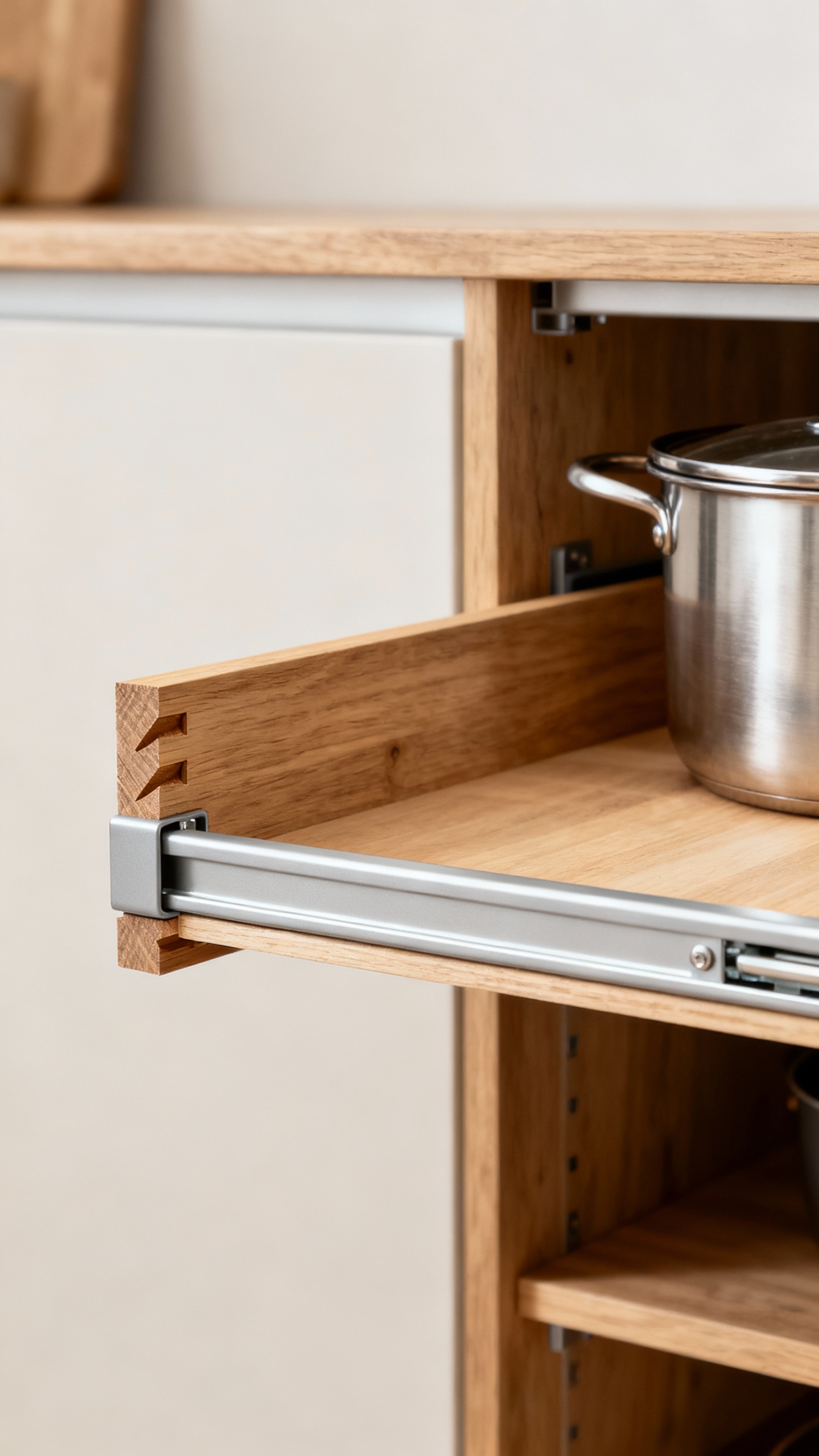 Closeup full-extension roll-out shelf with pots, dovetailed wood, soft-close slides, powder-coated r