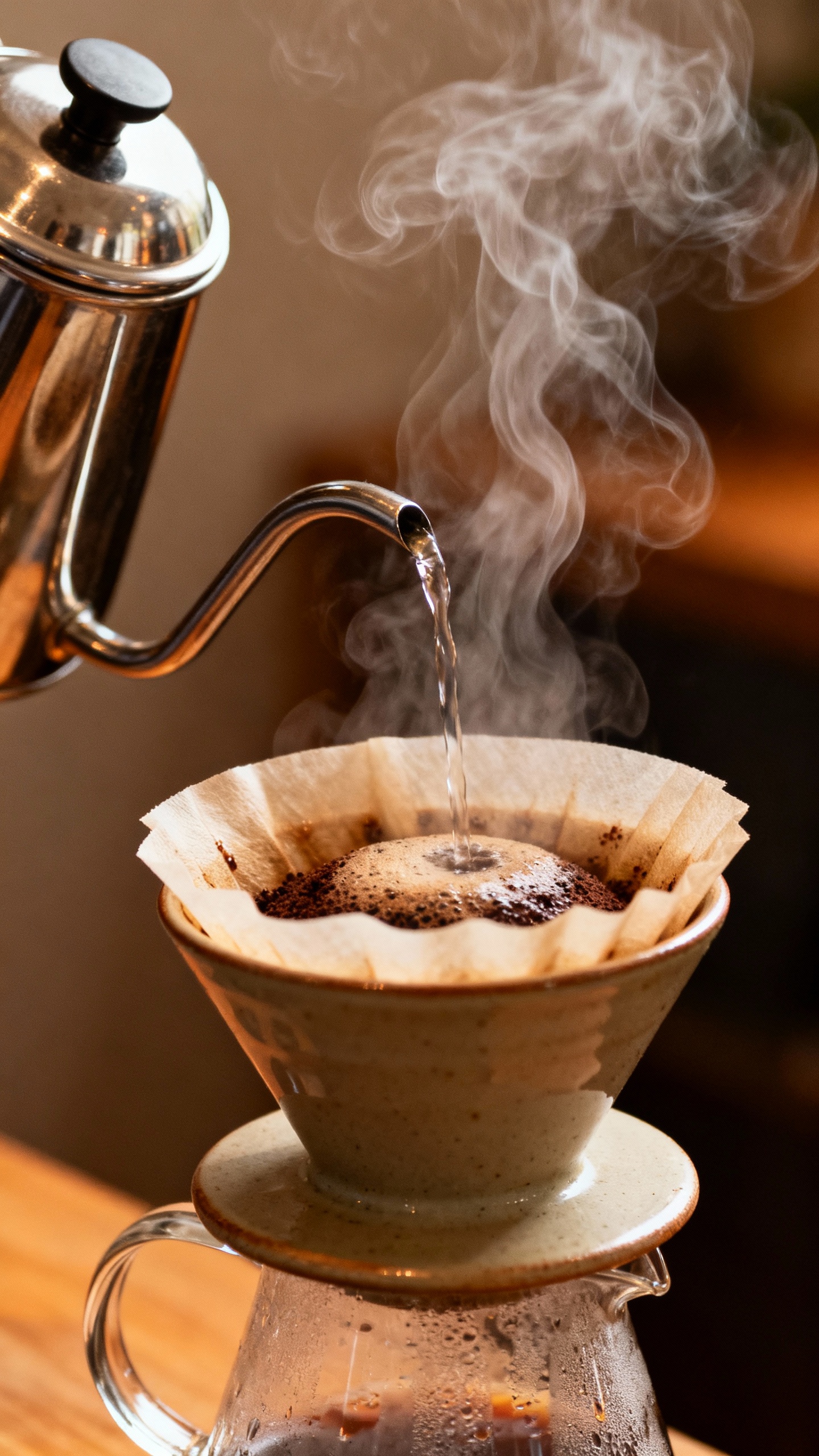 Closeup gooseneck kettle pouring onto blooming pour-over, steam rising