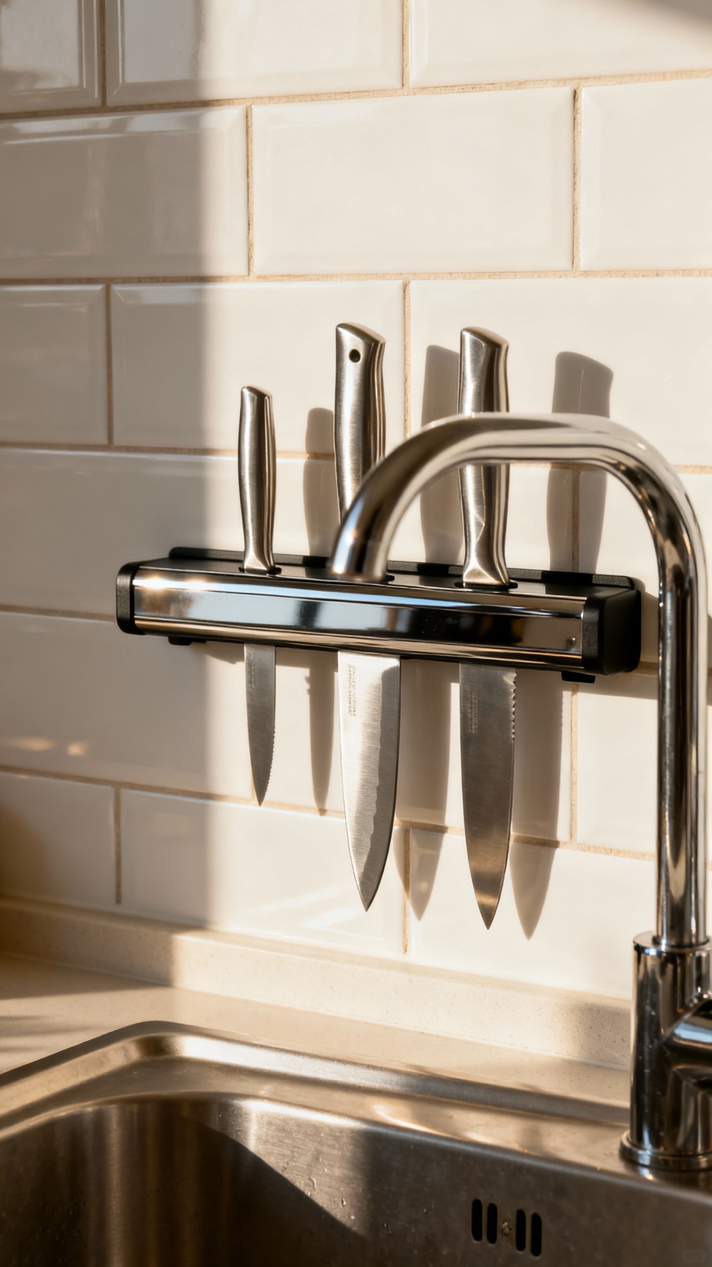 Closeup magnetic knife strip near sink, stainless blades, white tile