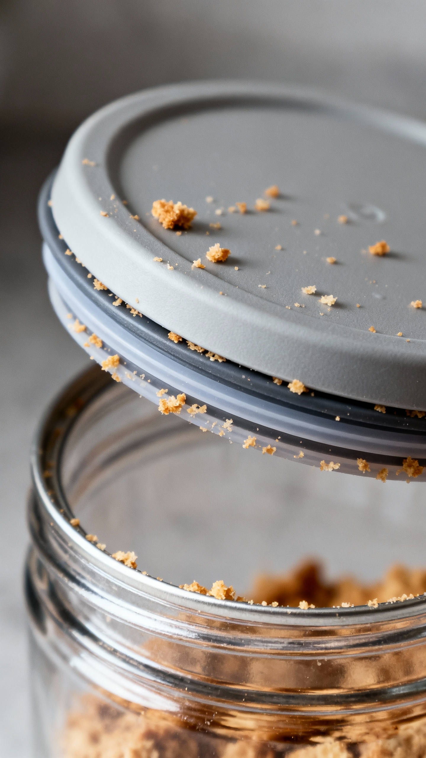 Closeup of airtight pop-lid canister sealing, silicone ring, crumbs