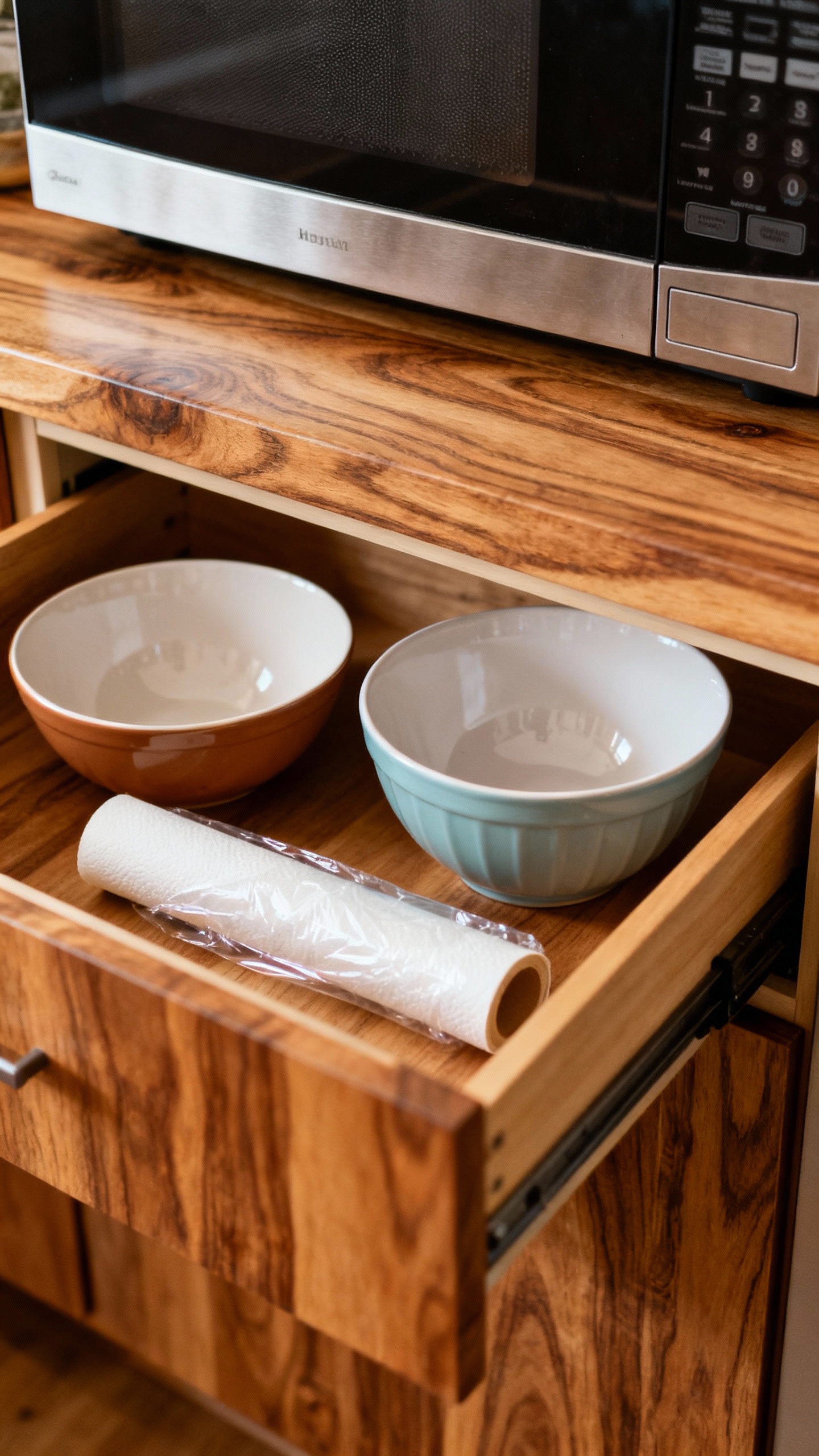 Closeup of deep drawer under microwave holding mixing bowls, parchment roll, plastic wrap, warm wood