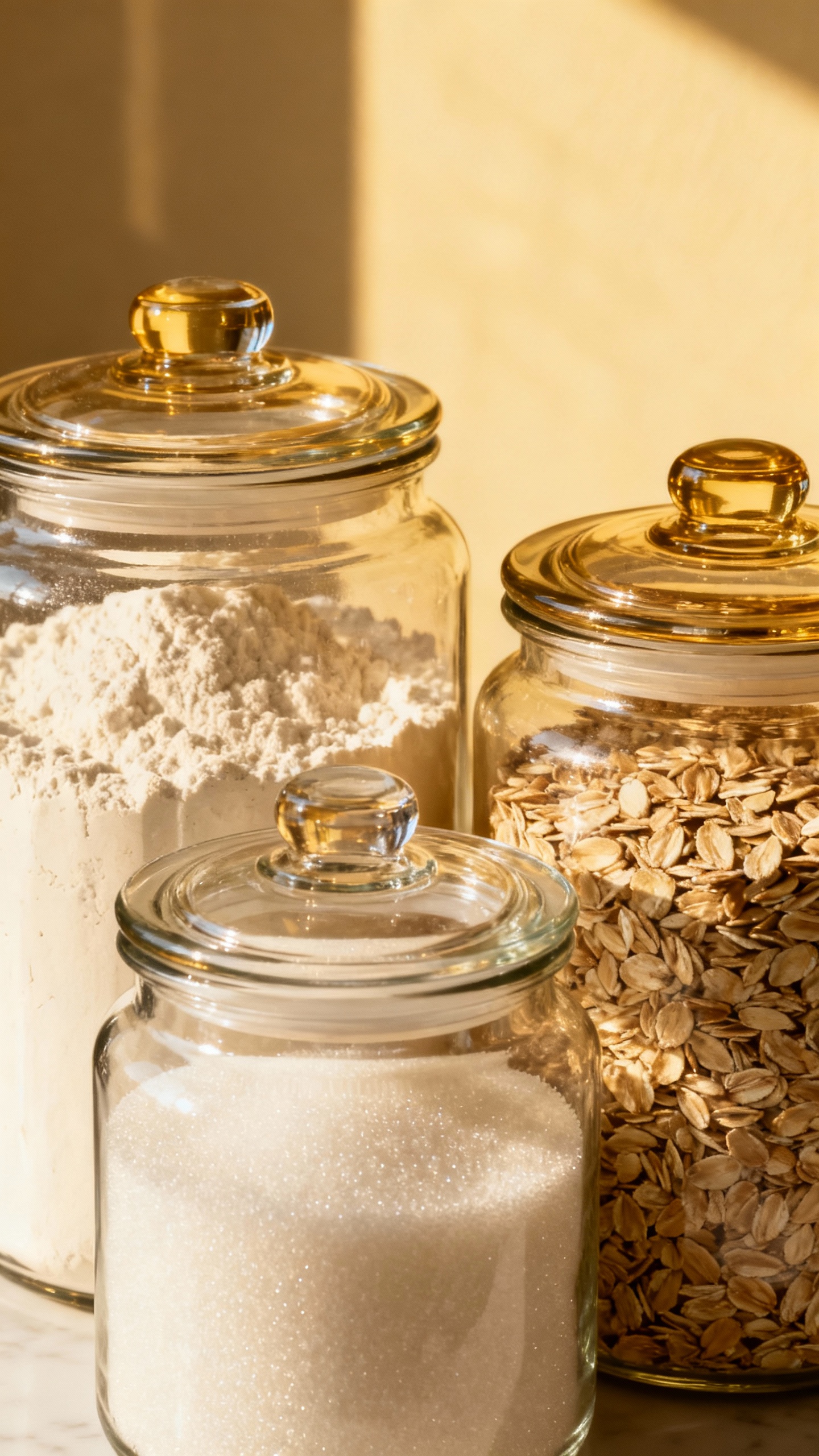 Closeup of labeled baking jars: flour, sugar, oats, airtight, clear