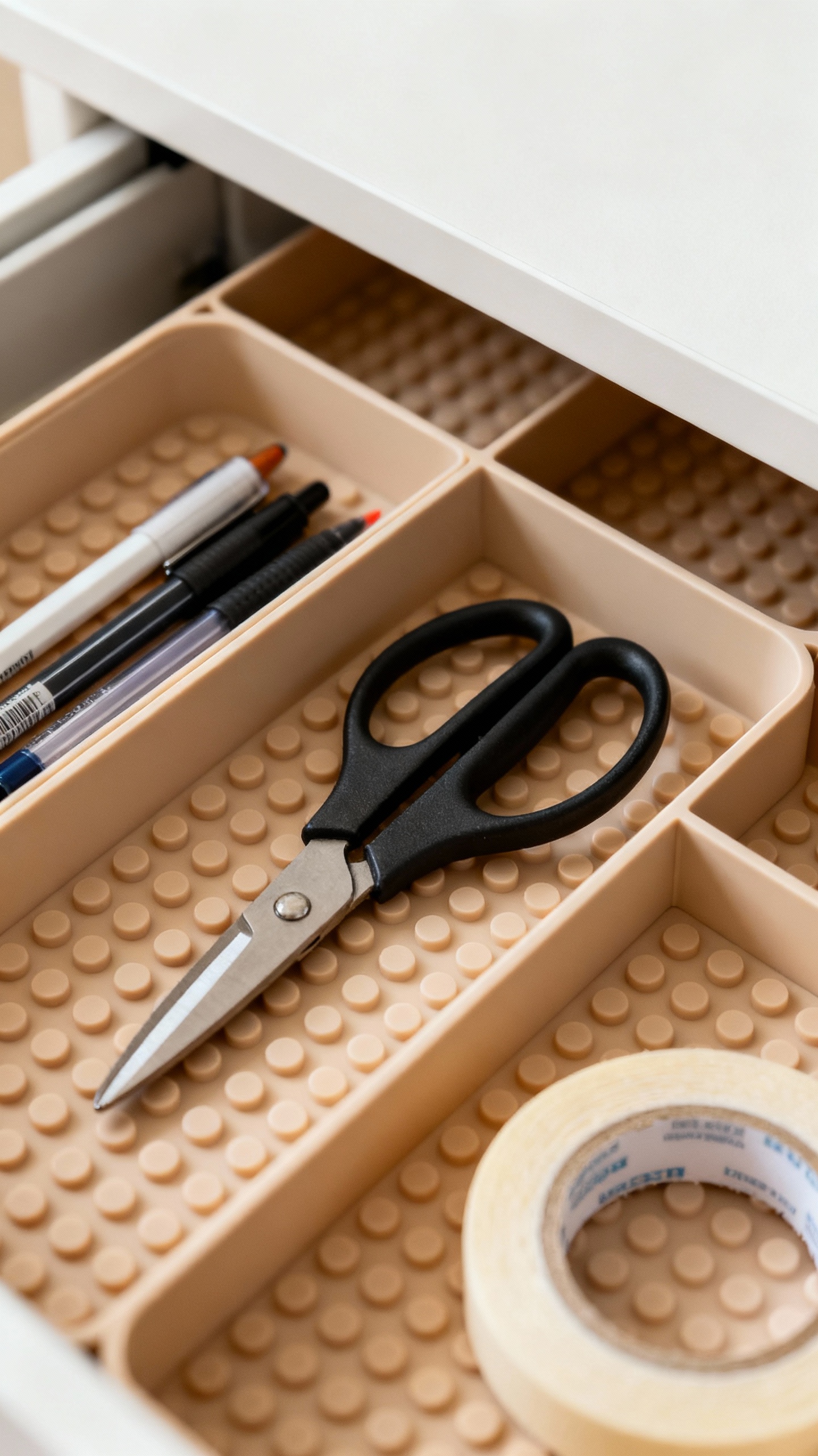 Closeup of modular drawer trays with pens, scissors, tape, on rubber liner