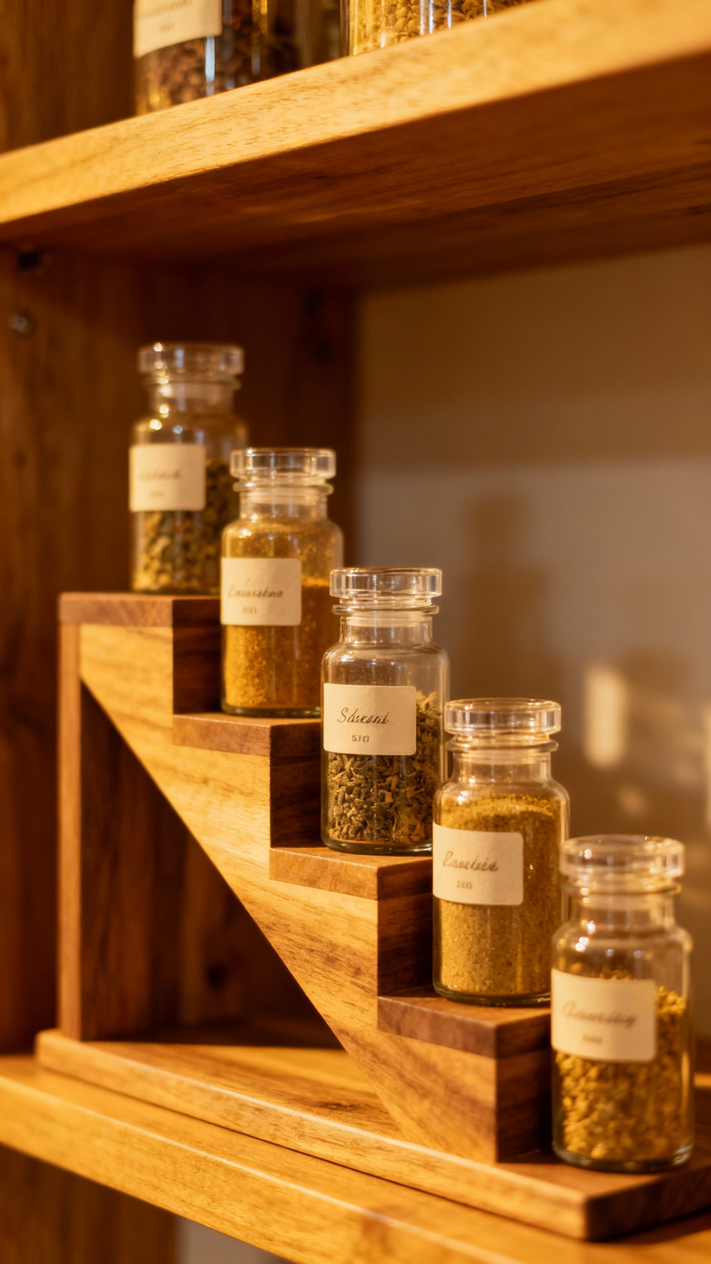 Closeup of stair-step spice riser, labeled jars, warm wood shelf