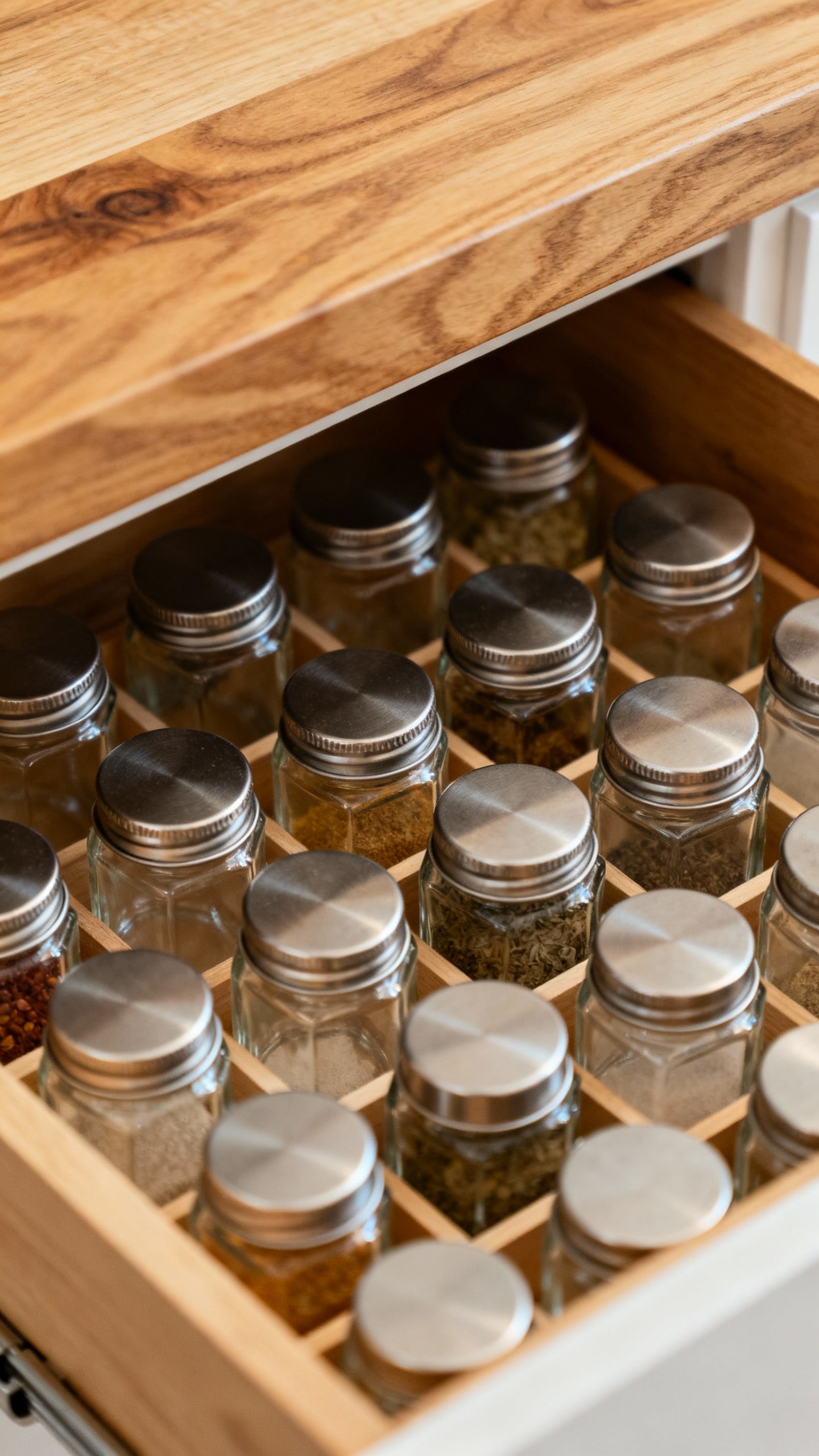 Closeup of tiered spice organizer in drawer, uniform glass jars, metal lids, warm wood grain