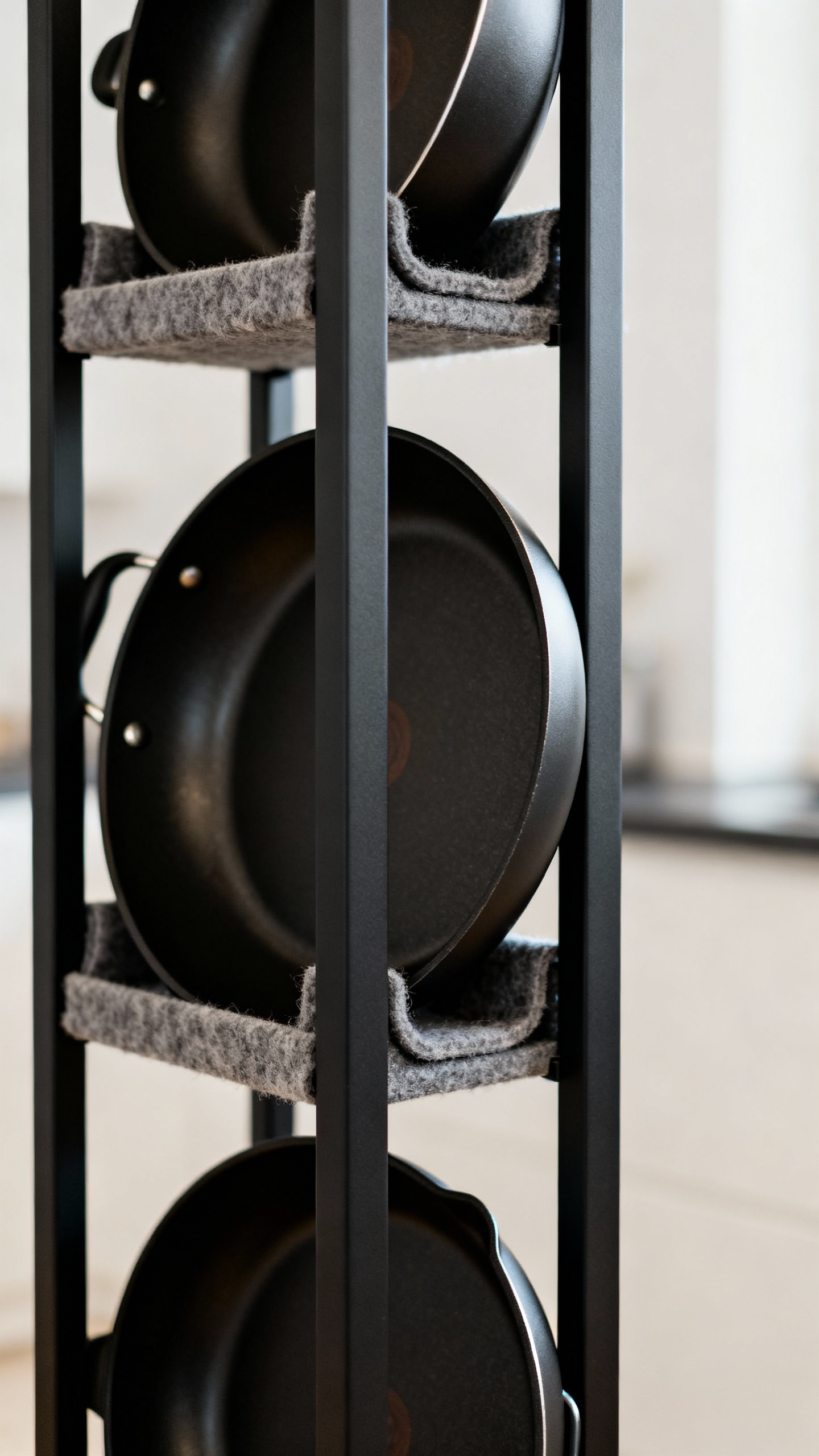 Closeup of vertical pan rack with nonstick frying pans, matte black, felt liners