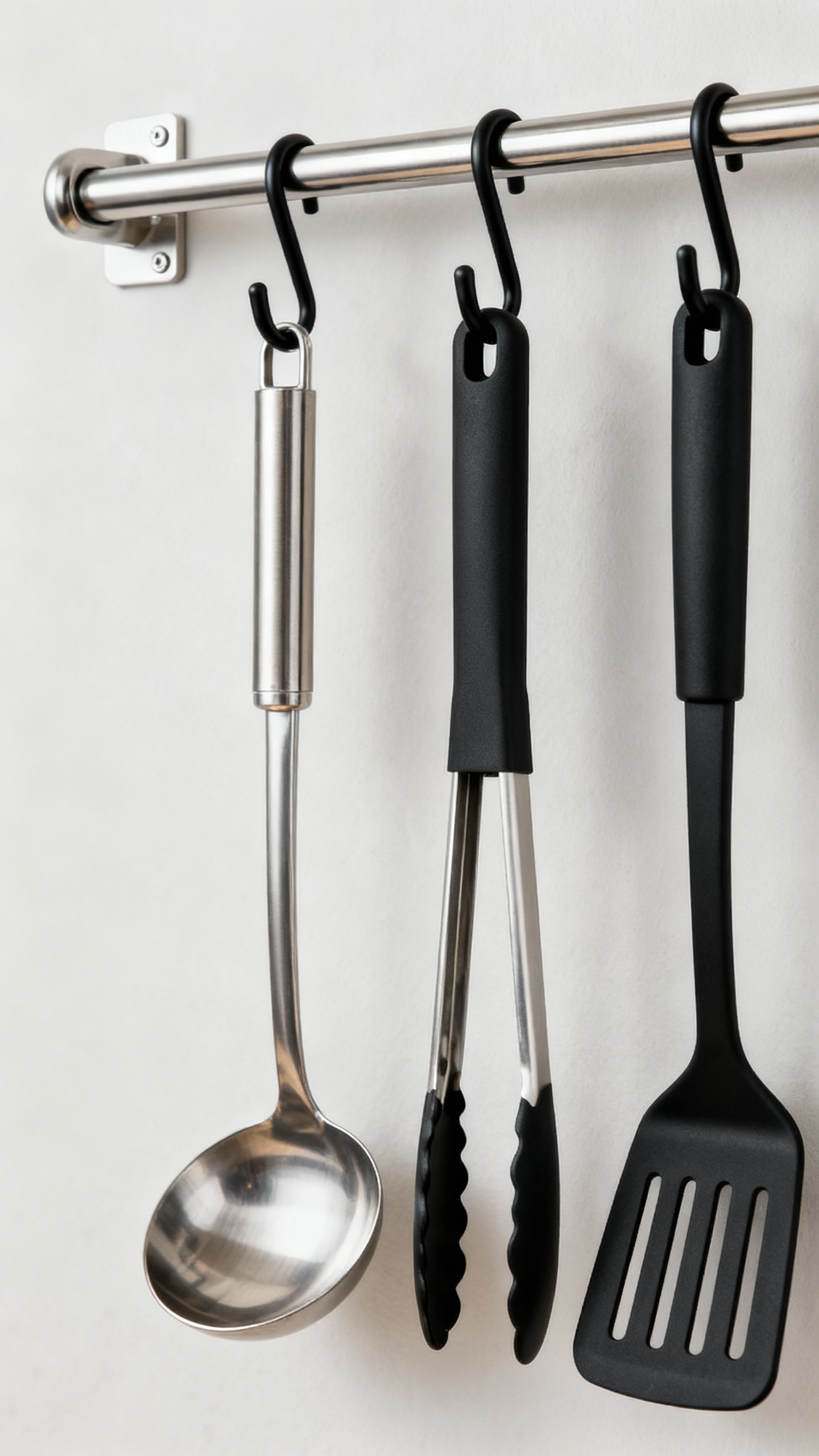 Closeup stainless steel rail with hanging ladle, tongs, spatula, matte black hooks