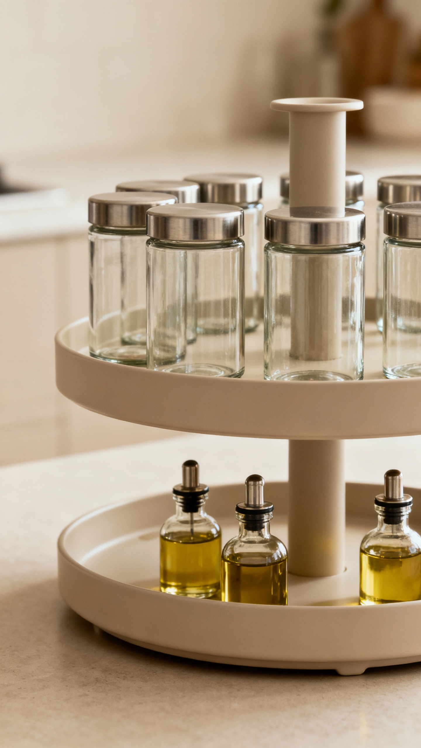 Closeup tiered spice rack with uniform jars, cap labels, oils on drip tray