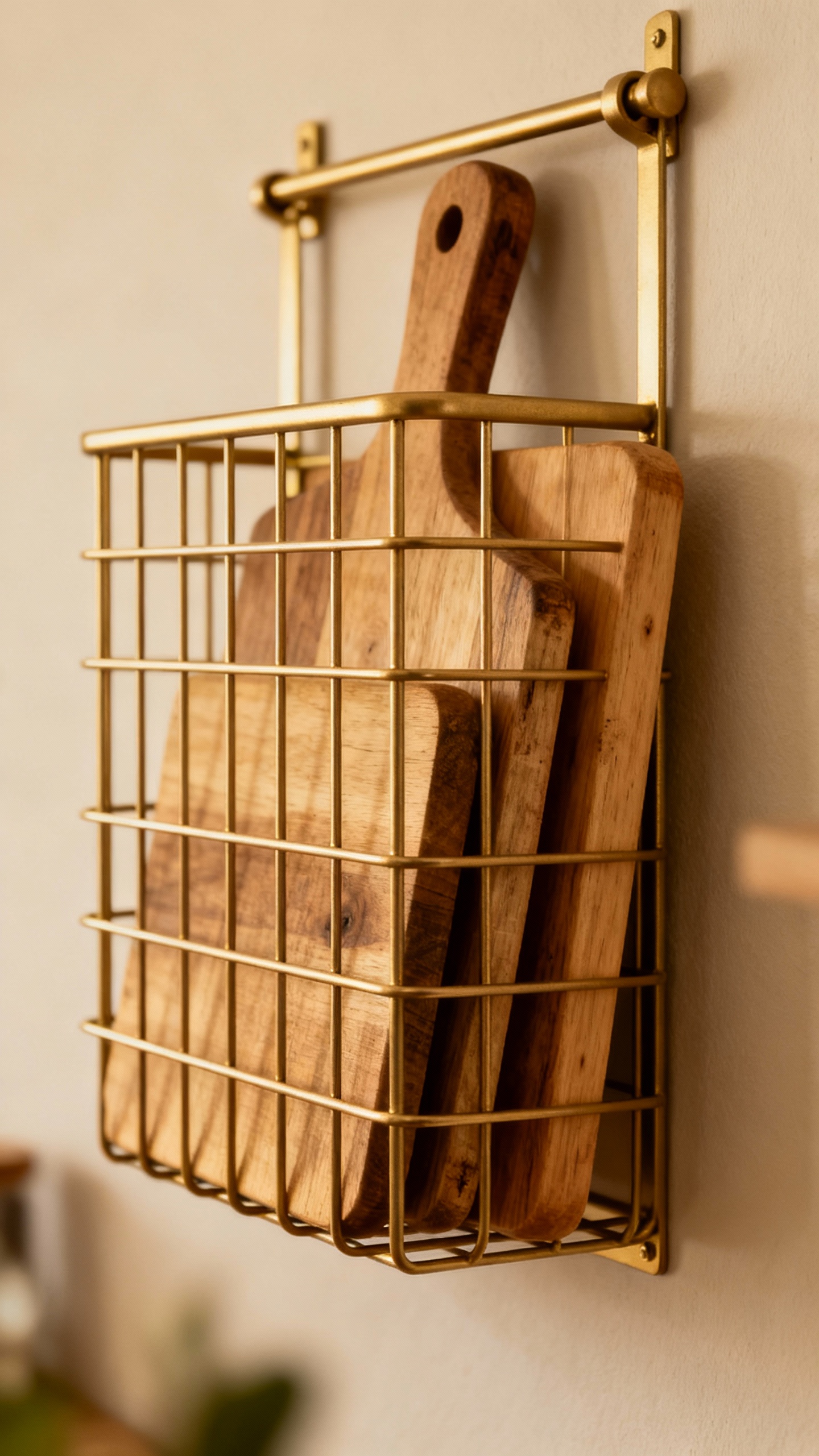 Closeup wall-mounted metal rack holding wooden cutting boards