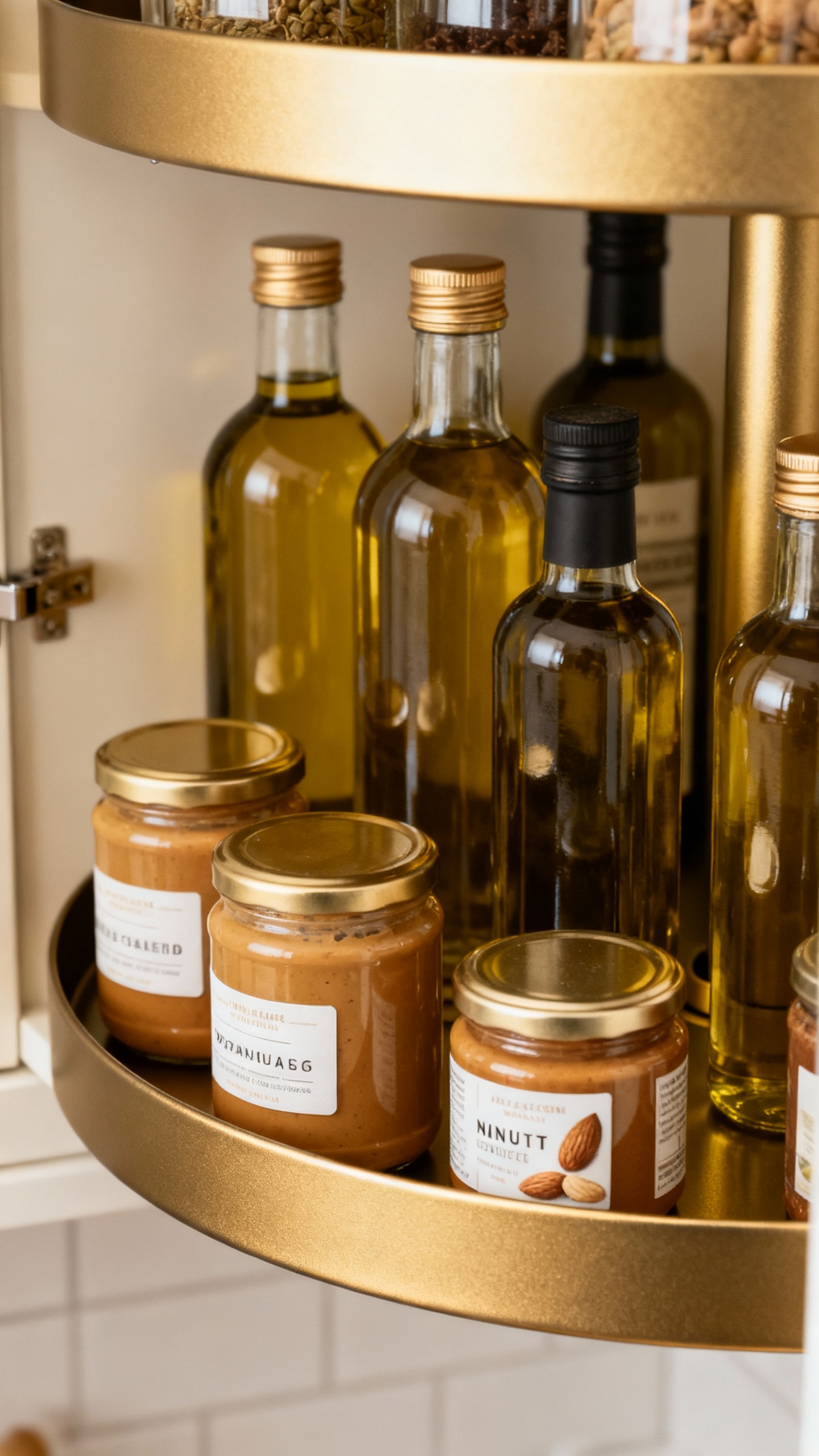 Corner cabinet lazy Susan closeup, round oils and nut butters, powder-coated steel shelves
