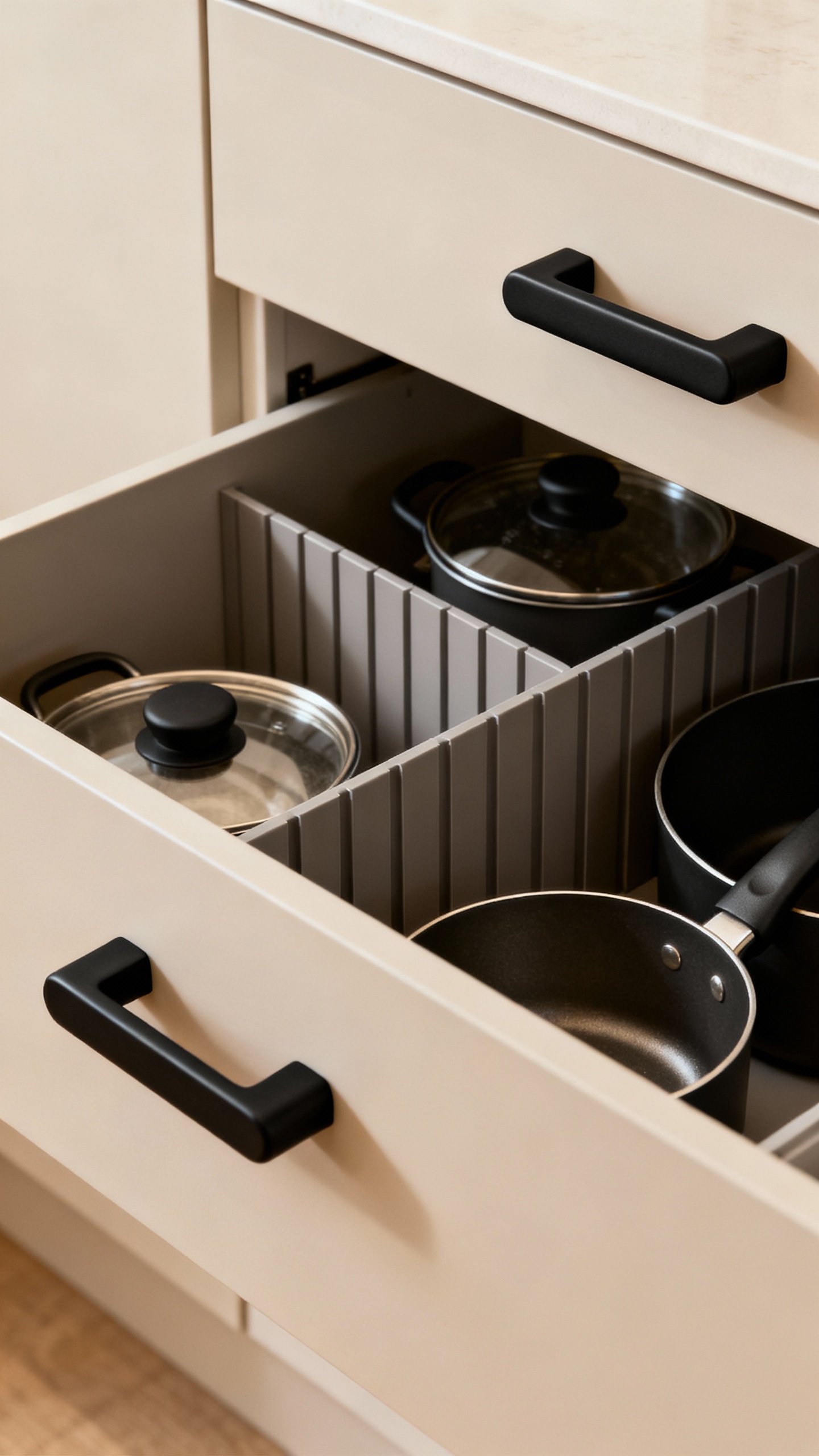 Deep drawer open with pots, vertical lid dividers, matte black handles