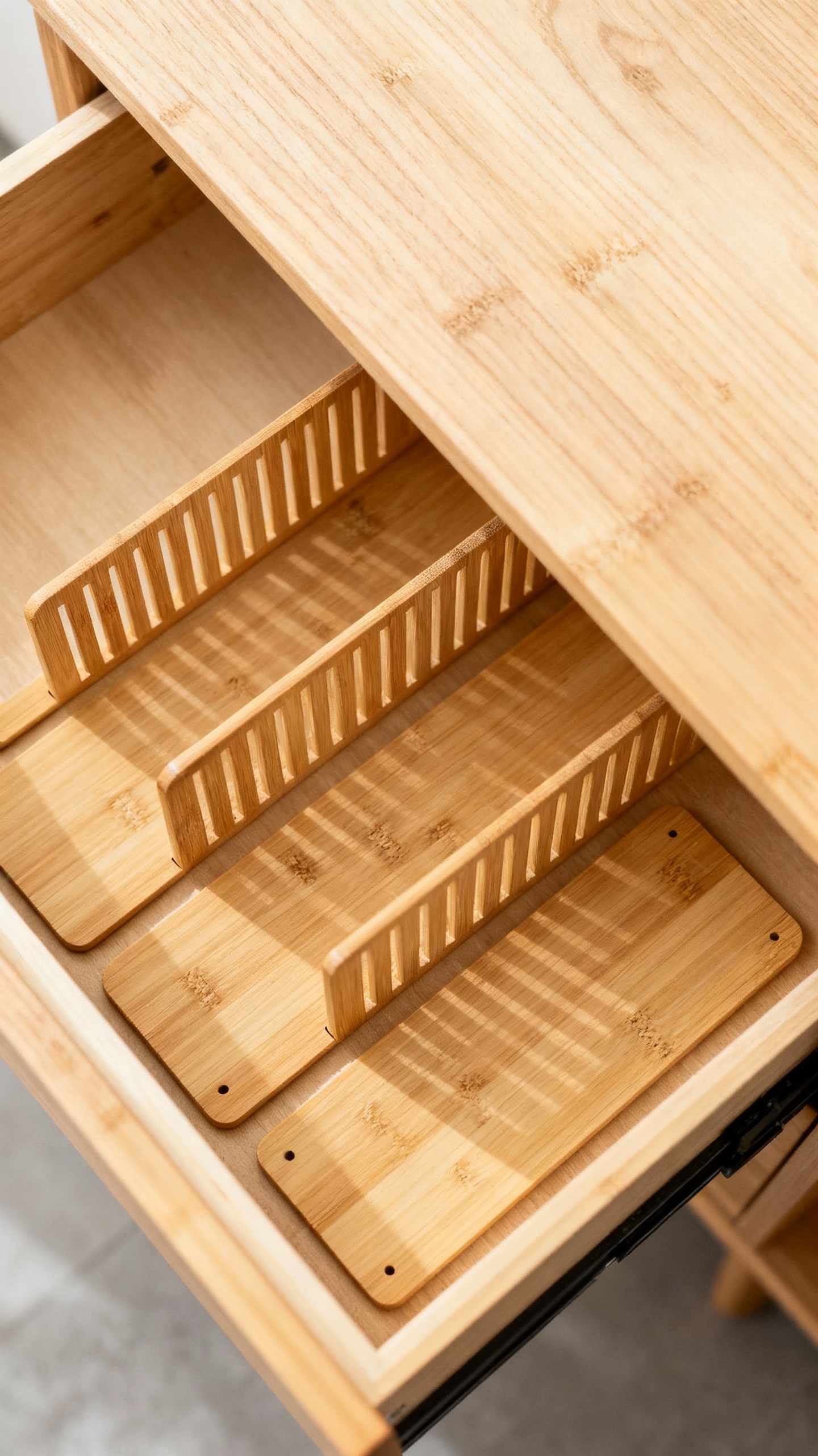 Drawer top-down view bamboo file-style dividers slotting boards