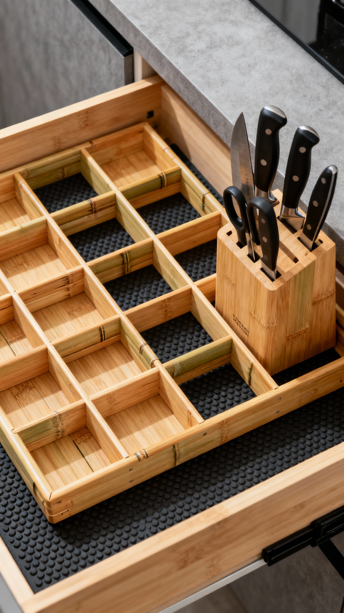 Drawer with bamboo adjustable dividers, knives in in-drawer block, grippy liner