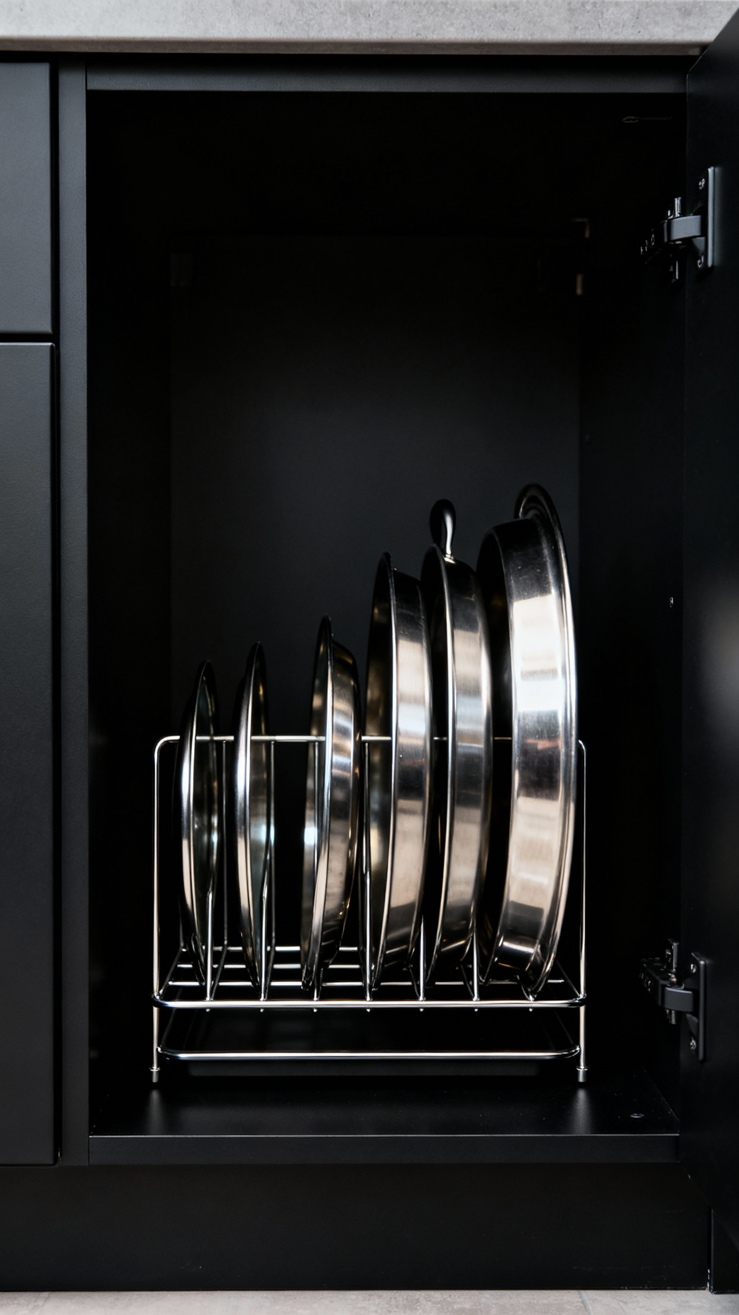 File-style pot lid rack, stainless lids vertical, matte black cabinet interior