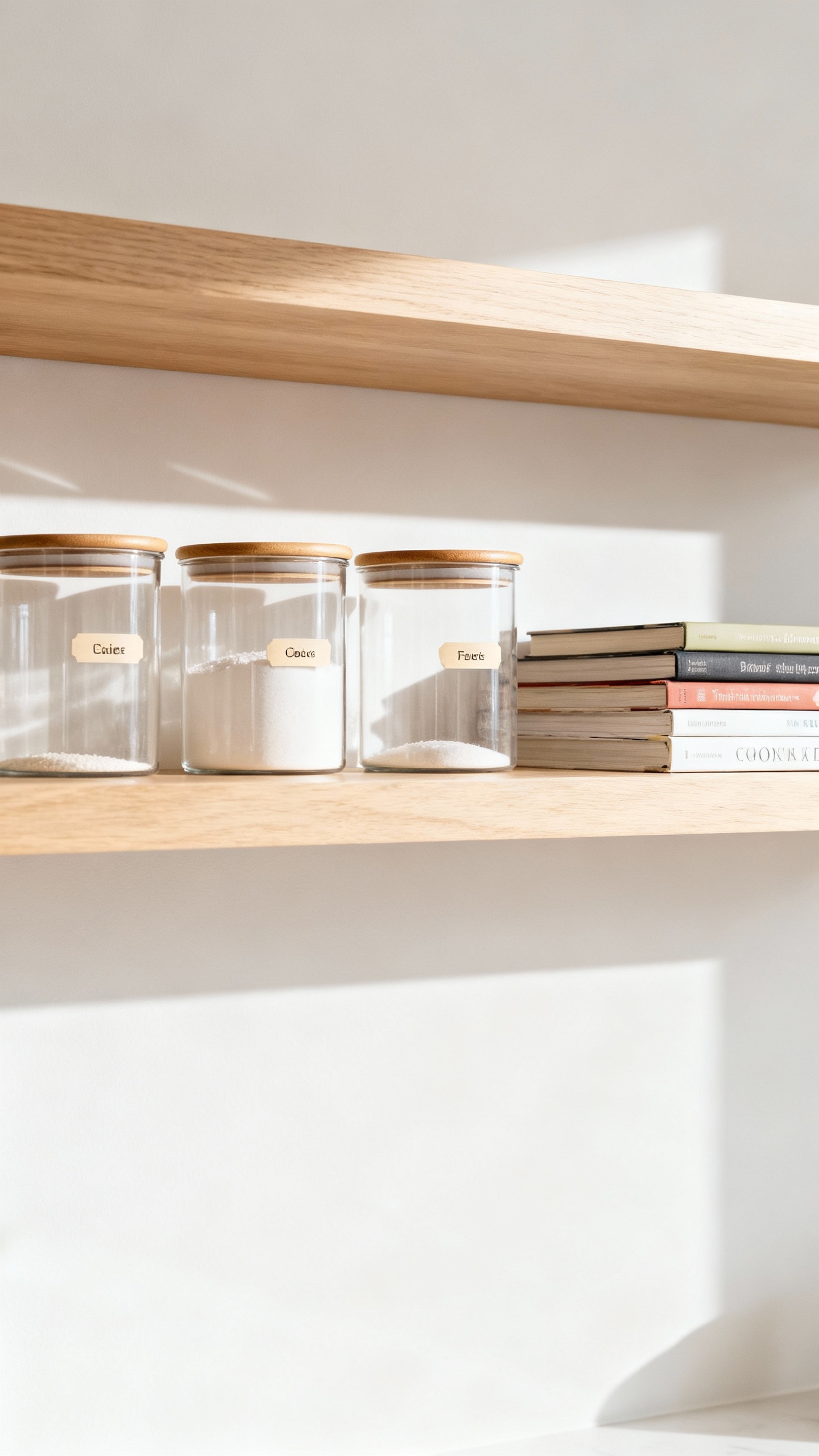 Floating wood shelves with clear canisters, labeled-look lids, cookbooks, negative space, soft light