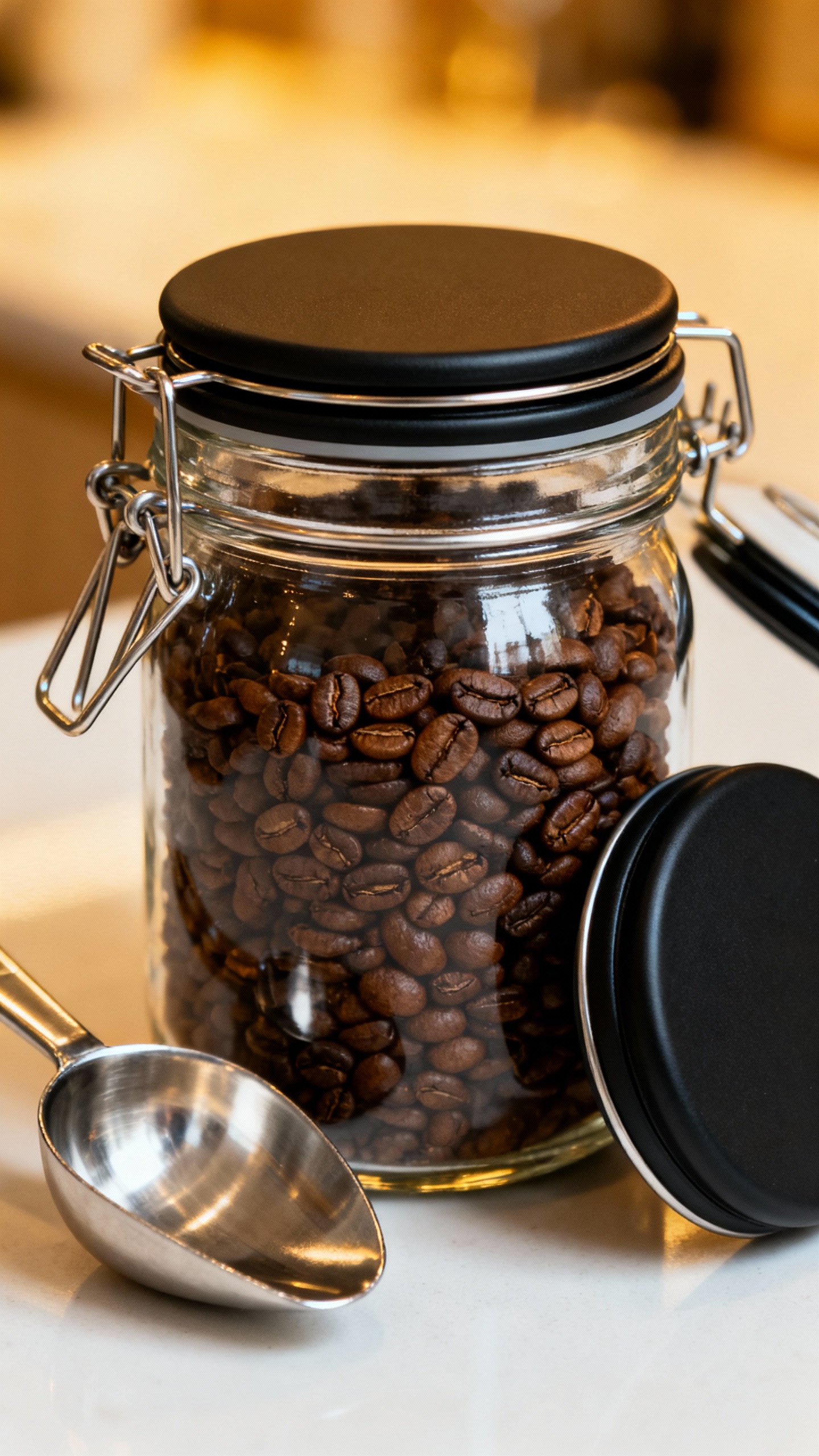 Glass clamp jar of coffee beans, stainless scoop, matte black lid hardware