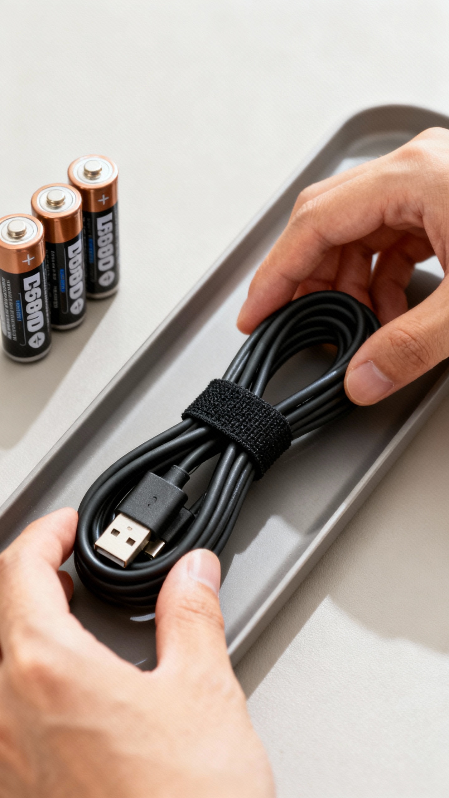 Hands coiling charging cable with Velcro tie, narrow tray, labeled batteries nearby