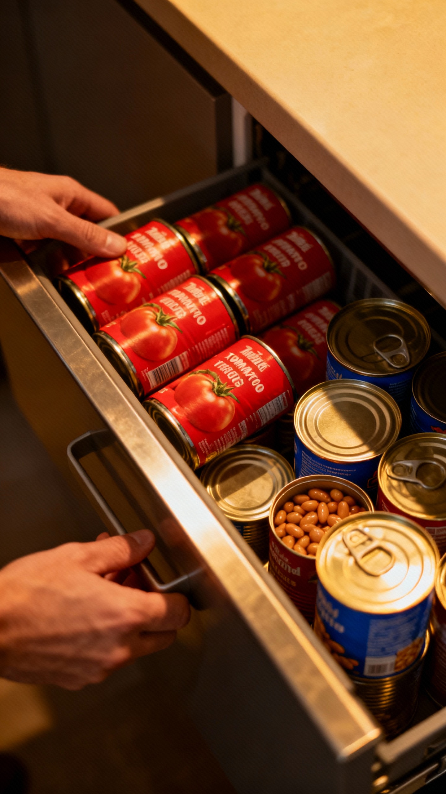 Hands pulling deep bin drawer of canned tomatoes and beans