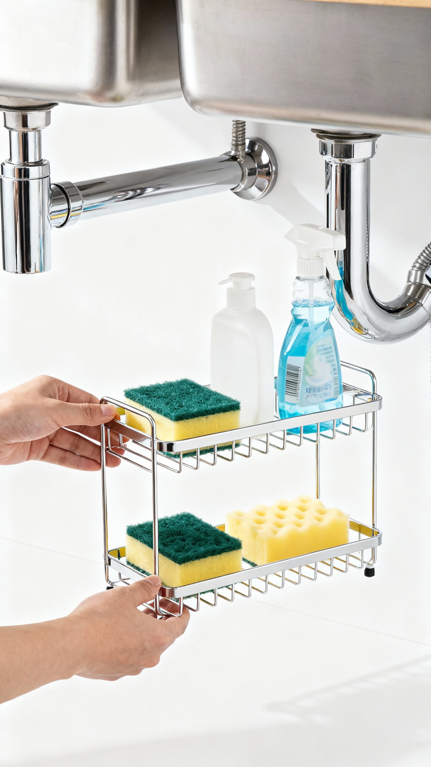 Hands sliding two-tier under-sink caddy, sponges and cleaners, chrome pipes