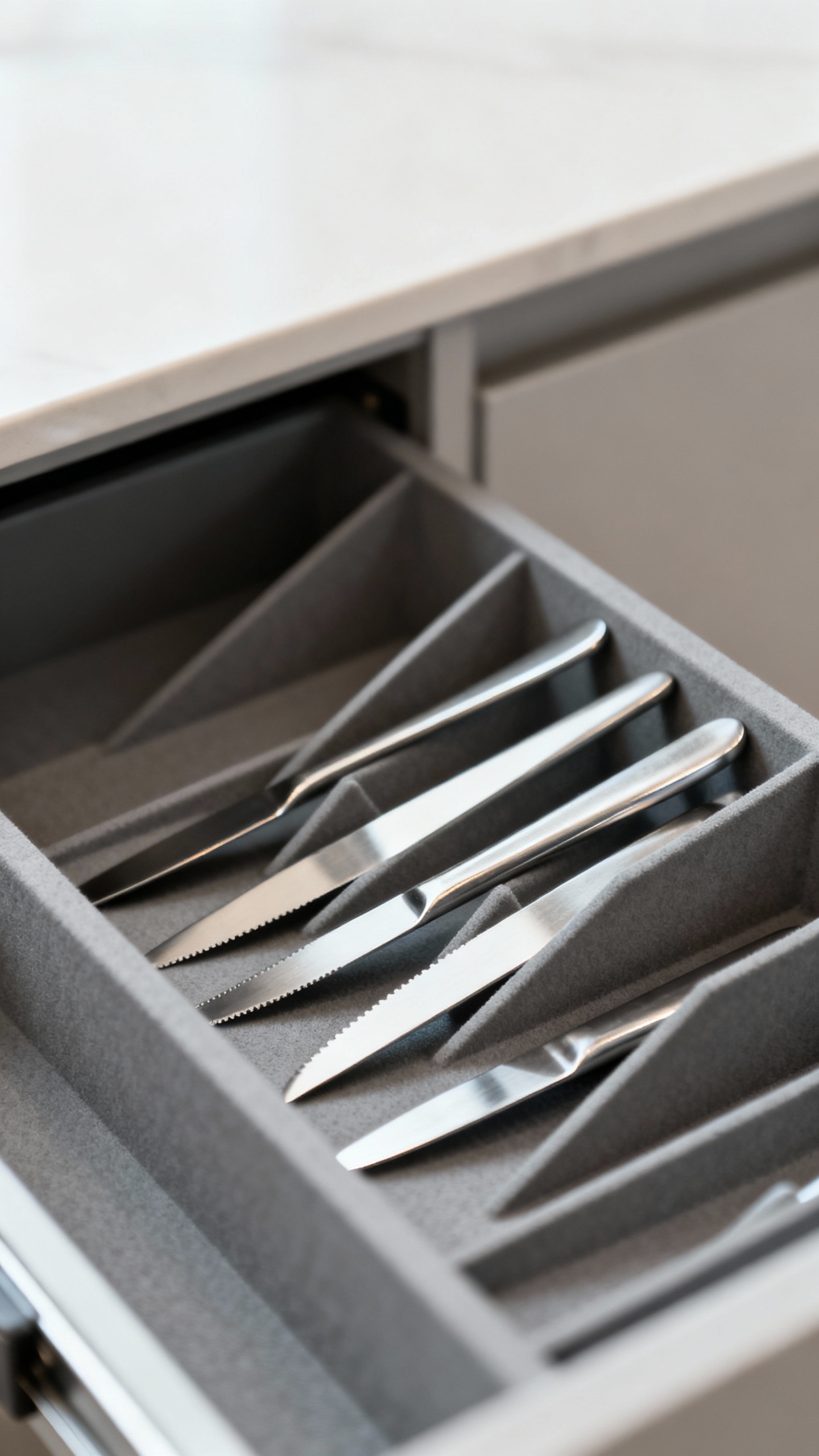Knife drawer insert closeup with layered angled slots, stainless blades, matte gray drawer