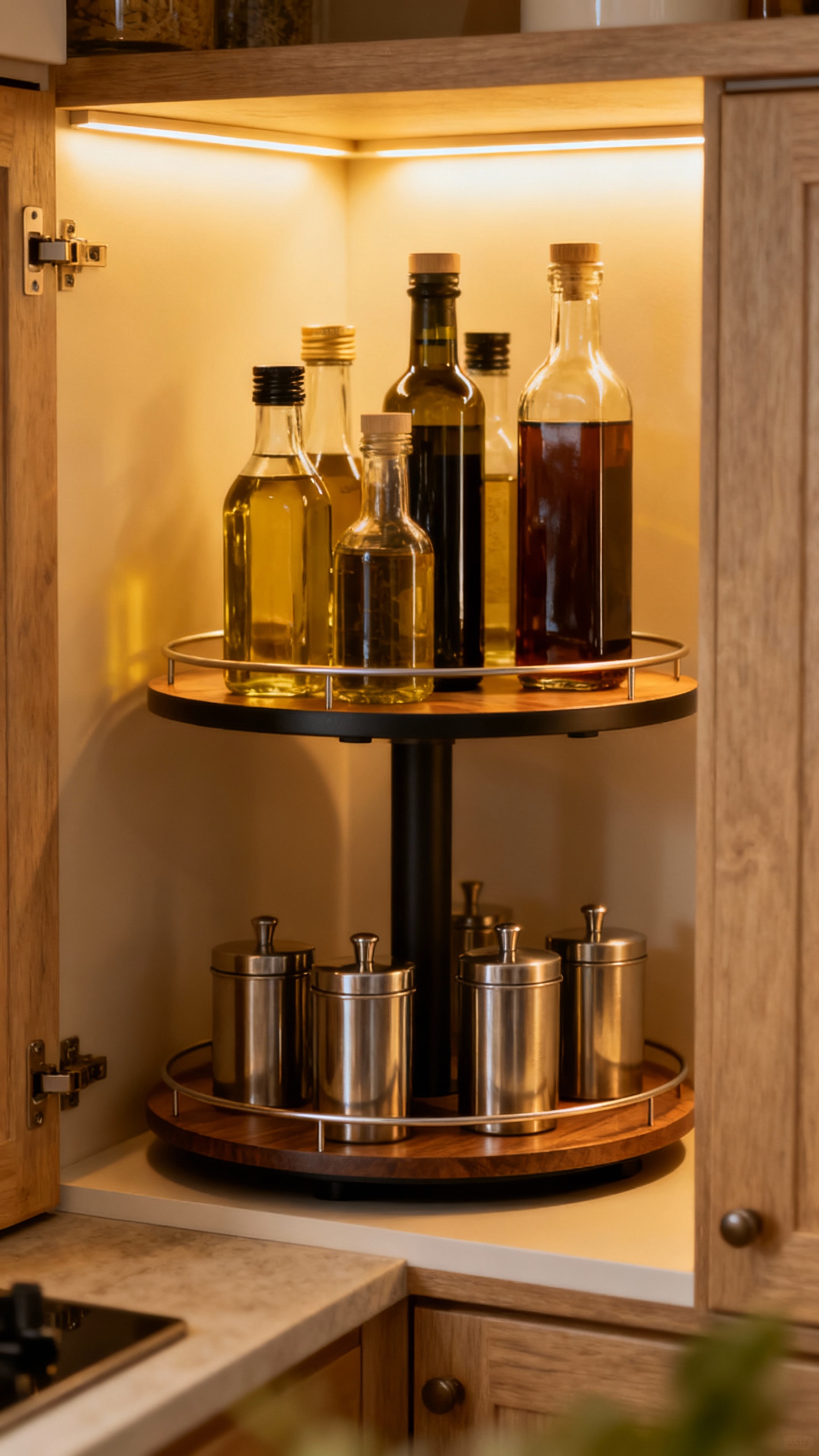 Lazy Susan turntable with oils and vinegars, two-tier, corner cabinet lighting