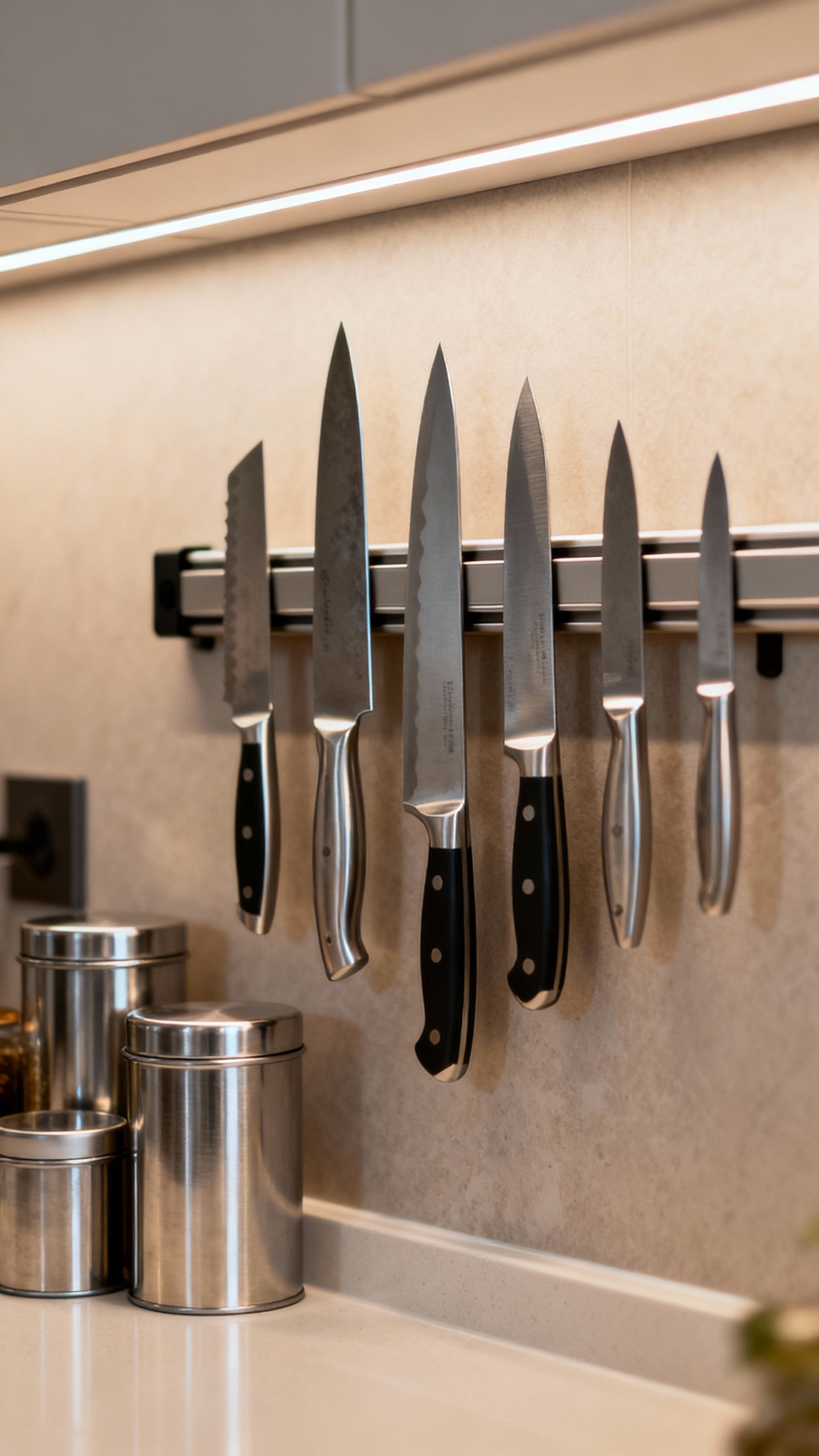 Magnetic knife strip above backsplash, assorted chef knives, metal spice tins, close detail
