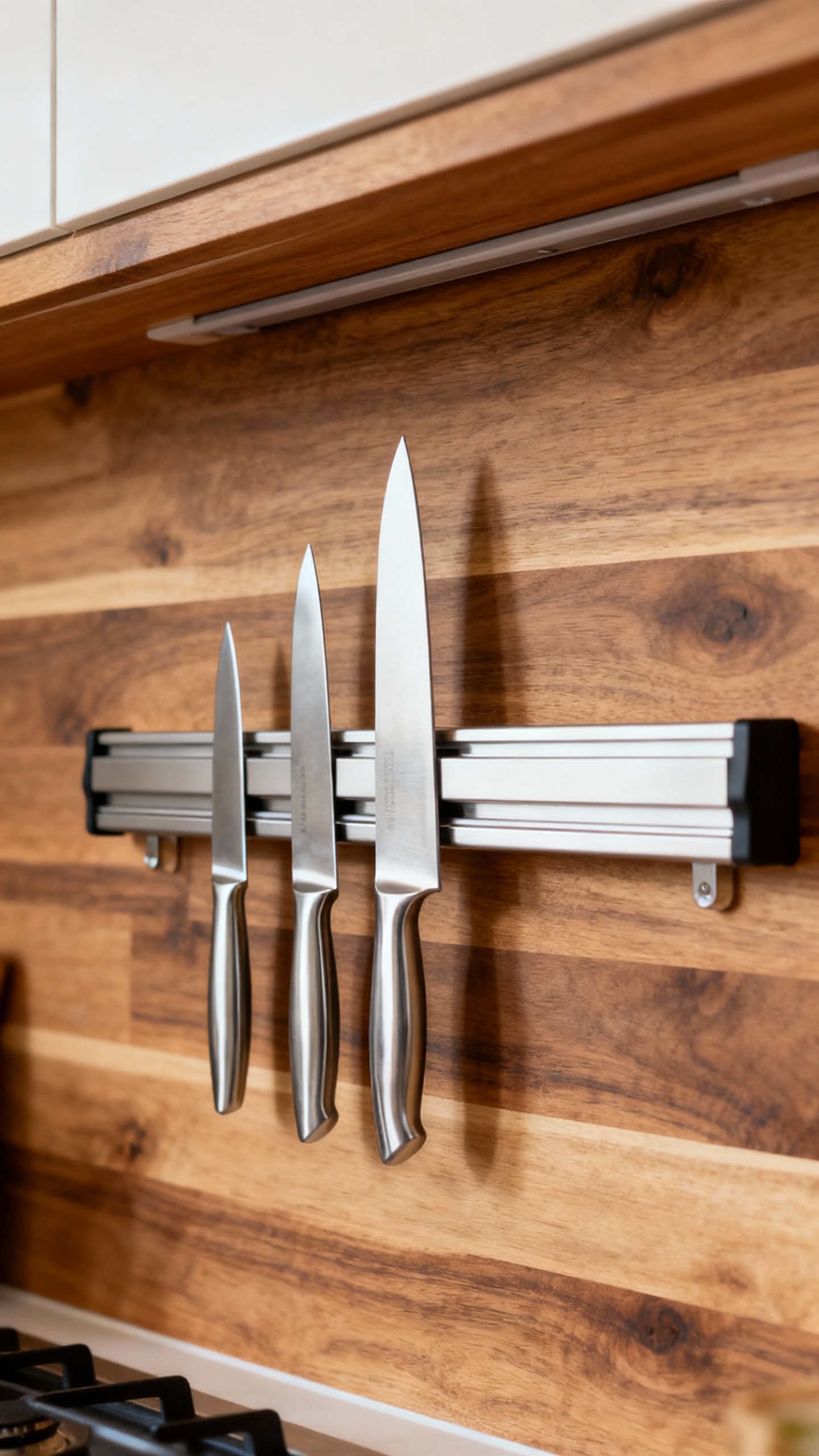 Magnetic knife strip on wood backsplash, blades tip-up, dry stainless knives