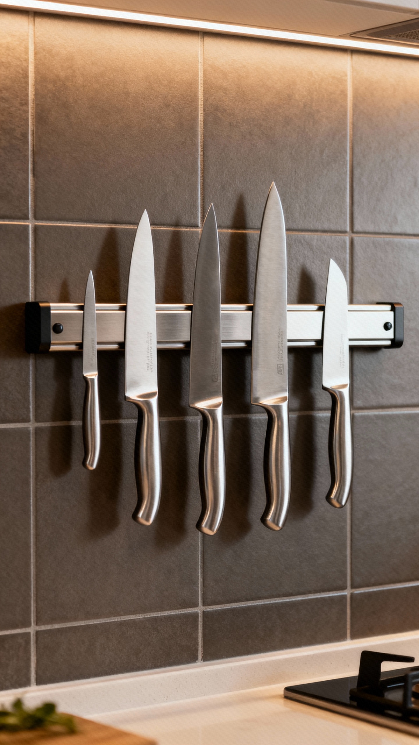 Magnetic knife strip with stainless chef knives, matte tile backsplash, soft light