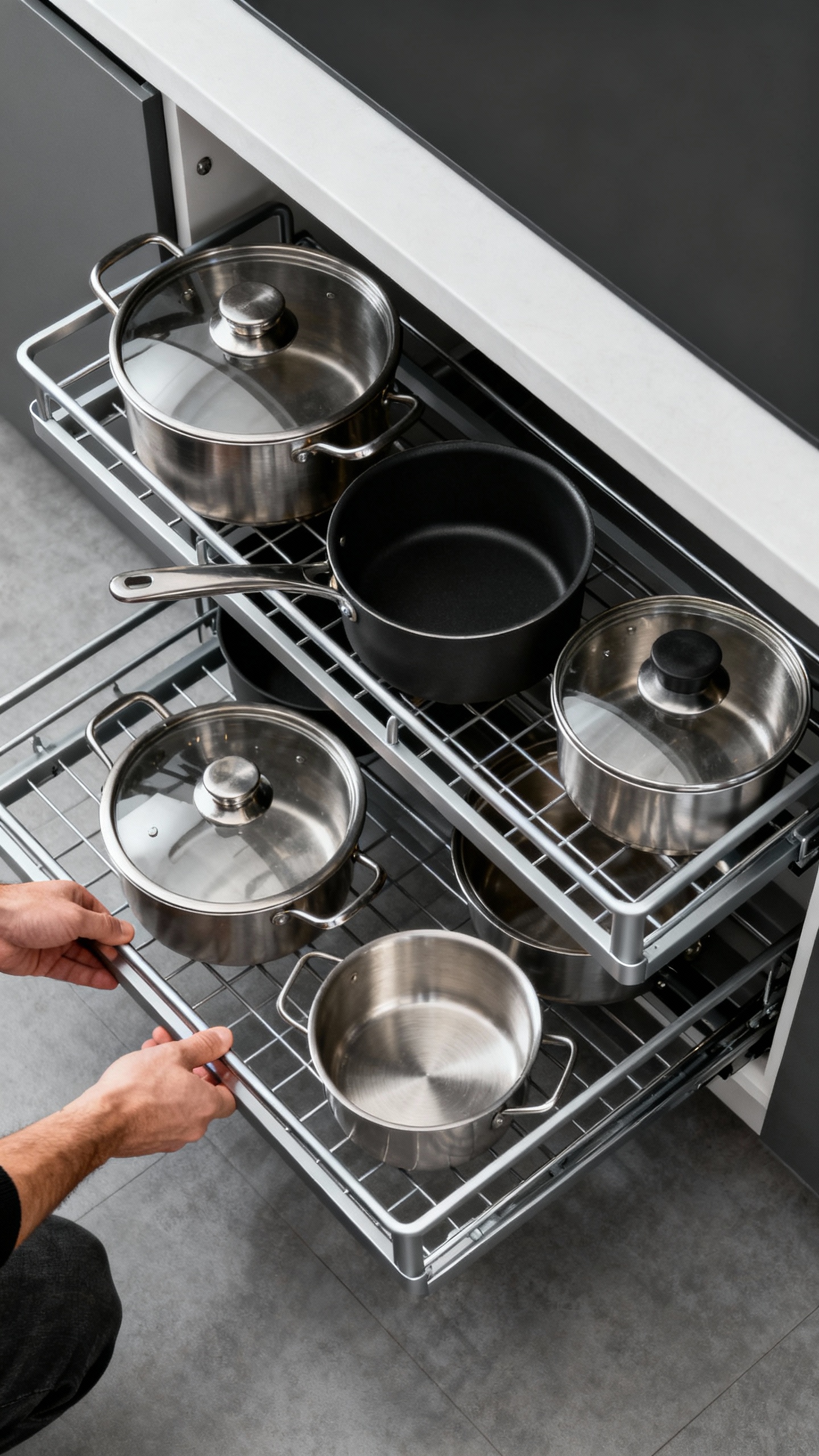 Male hands pulling out 2-tier metal cabinet organizer with pots