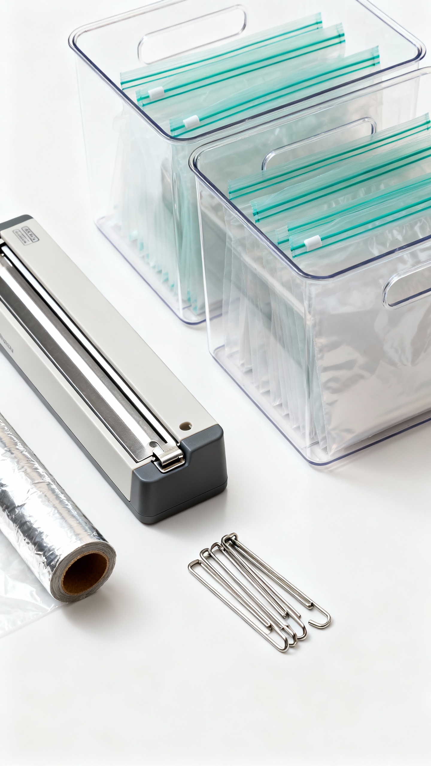 Modular clear bins organizing zip bags, foil wrap dispenser with cutters, bag clips
