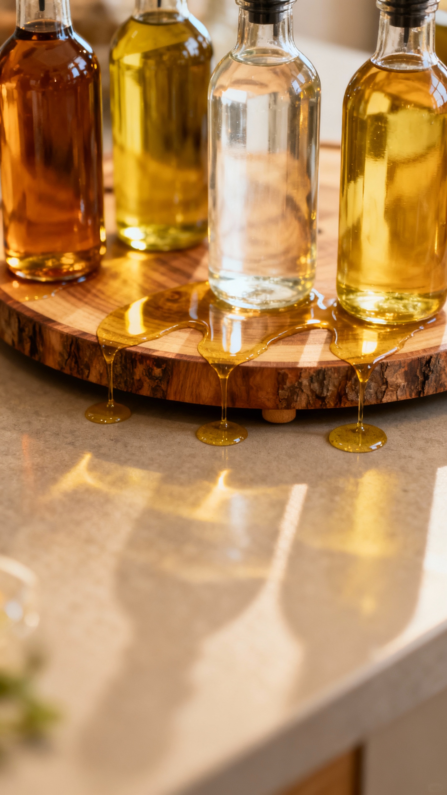 Overhead of lazy Susan with oils, vinegars, sauce bottles, glossy drips