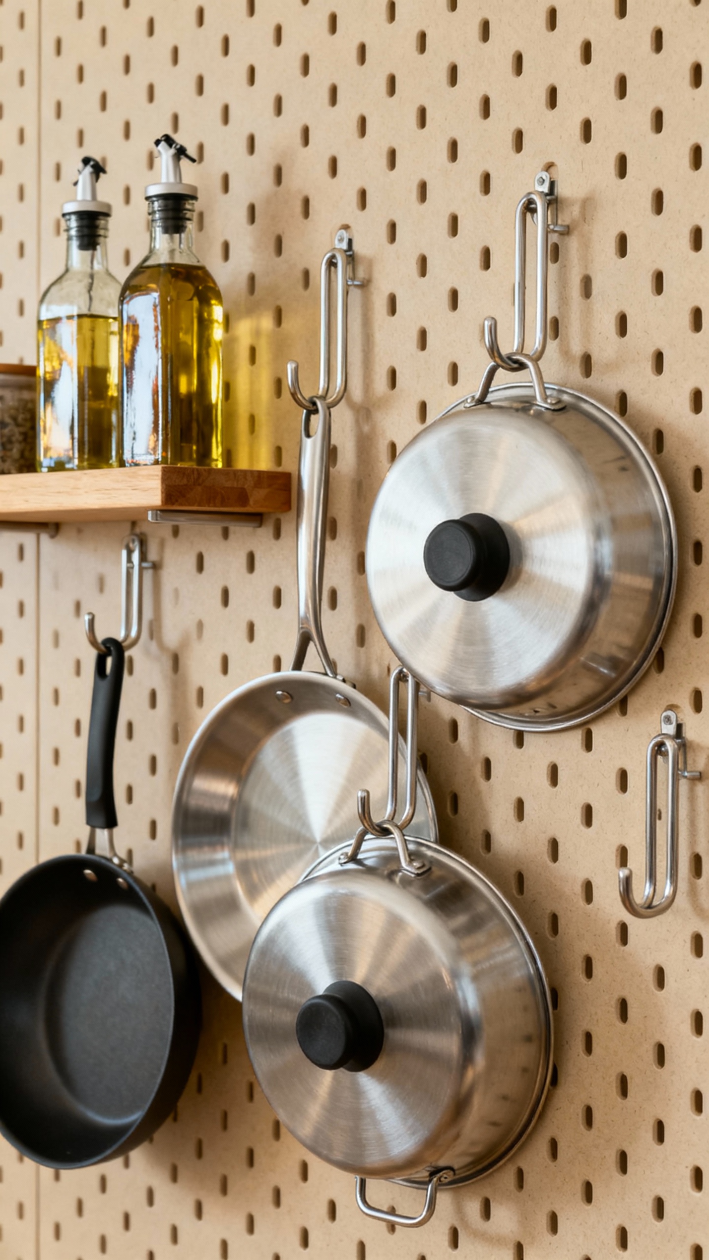 Pegboard wall with U-hooks holding pan lids, small shelf with oils, tight crop