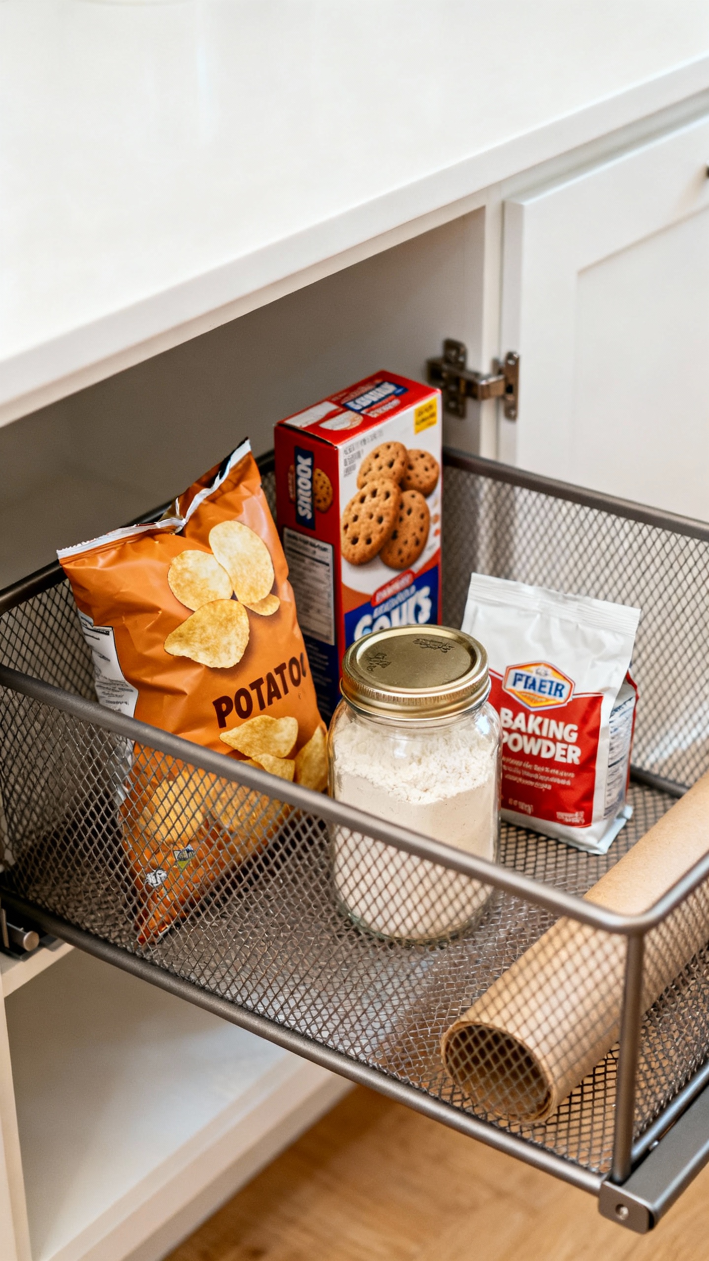Pull-out shelf basket gliding out, mesh, snacks and baking supplies
