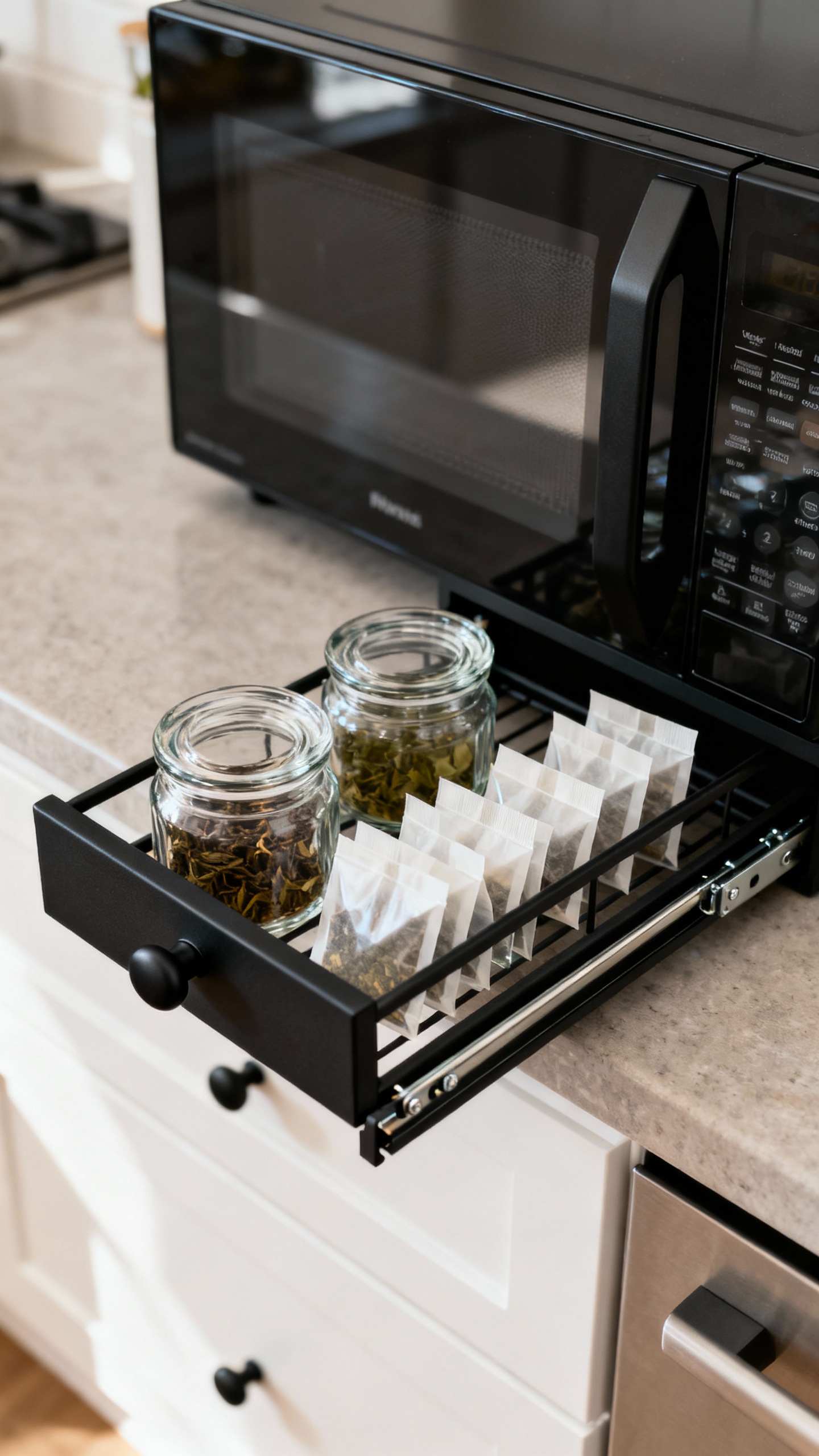Pull-out spice rack beside microwave, glass jars and tea bags, matte black hardware, full-extension