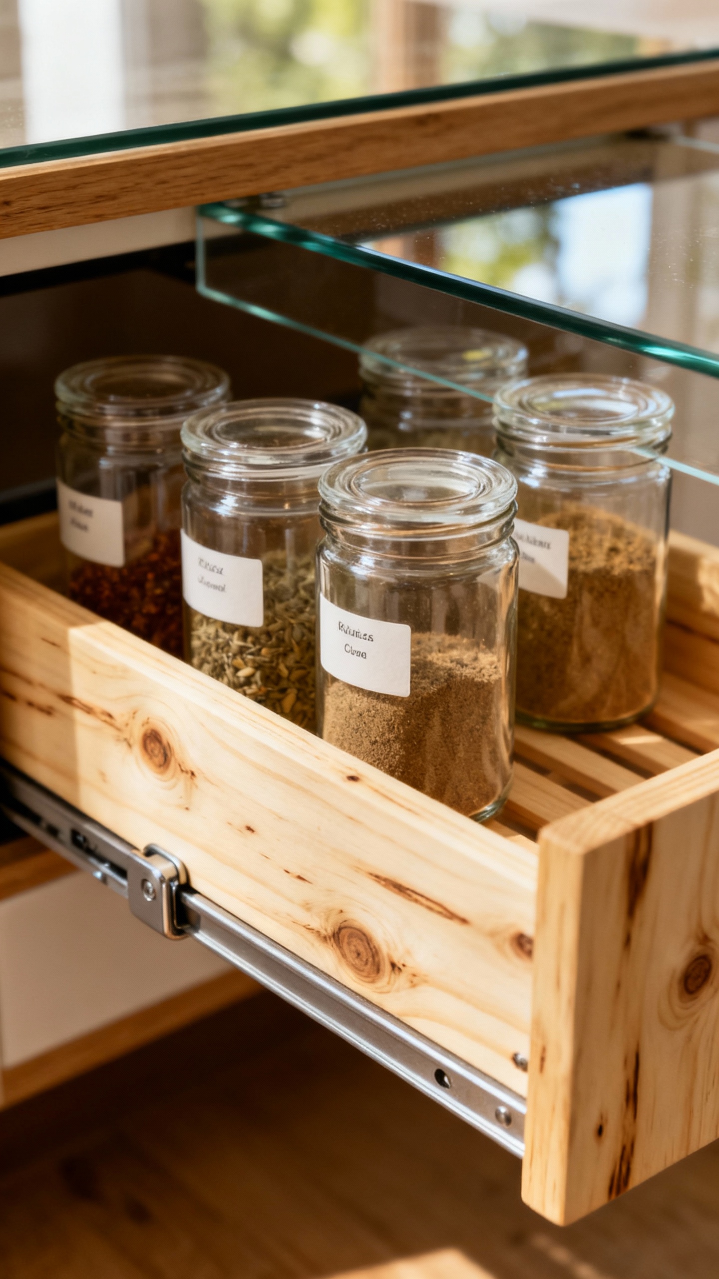 Pull-out spice rack closeup, matching glass jars, clear labels facing, warm birch
