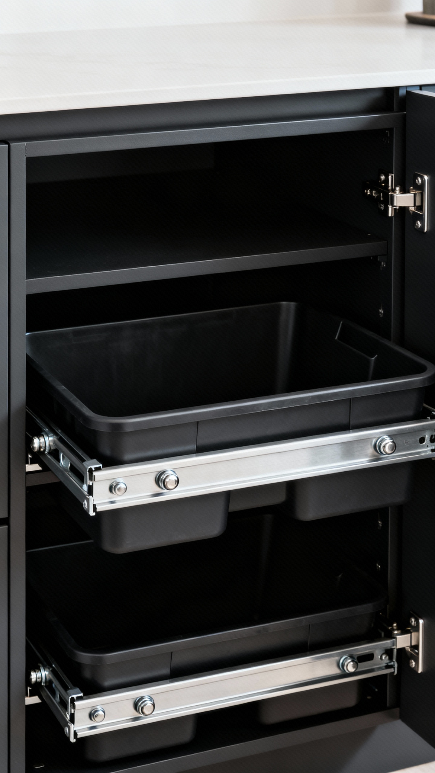 Pull-out trash and recycling bins in deep cabinet, heavy steel frame, ball-bearing slides, door-moun