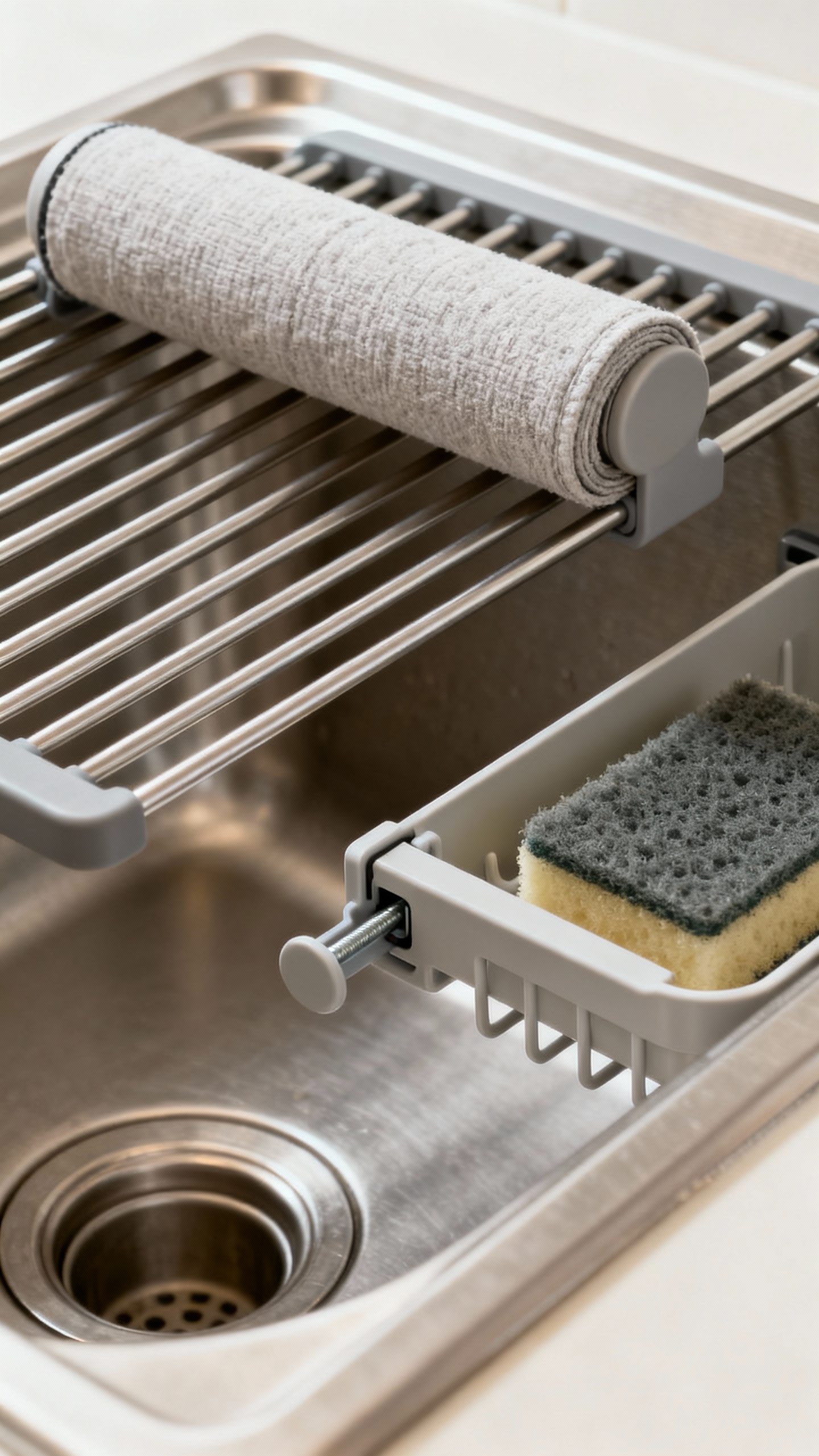 Roll-up drying rack over stainless sink, sponge caddy pull-out visible