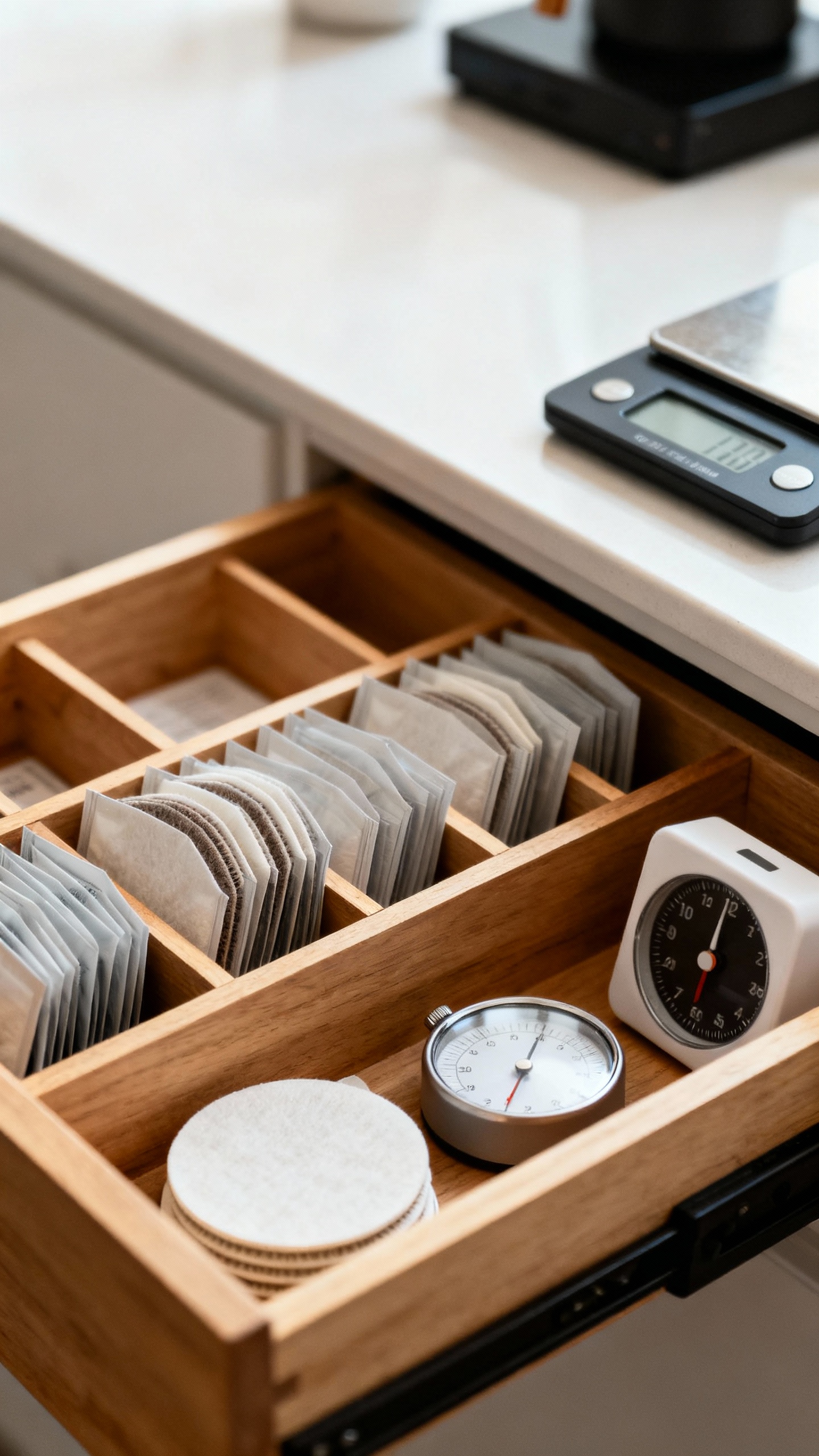 Scale, timer, filters neatly arranged in drawer with dividers