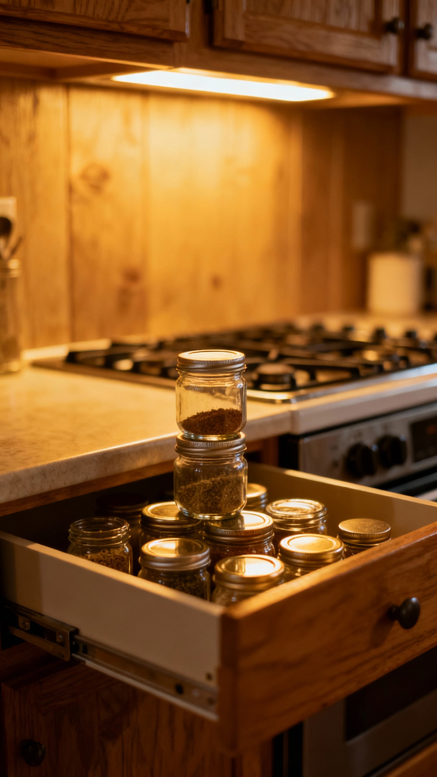 Shallow spice drawer by stove, tiered jars, warm under-cabinet lighting