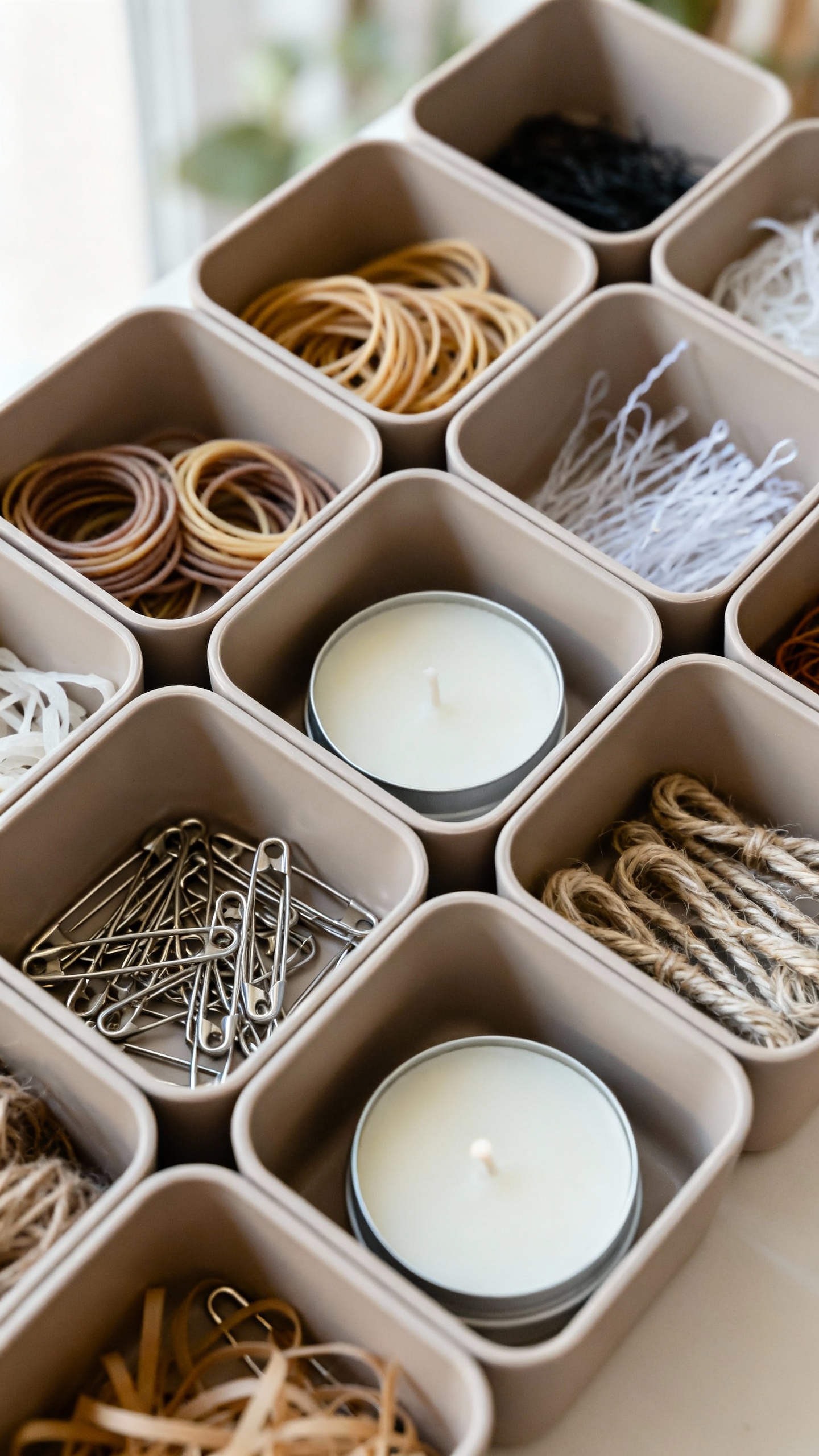 Small square bins holding rubber bands, safety pins, twist ties, candle lid container