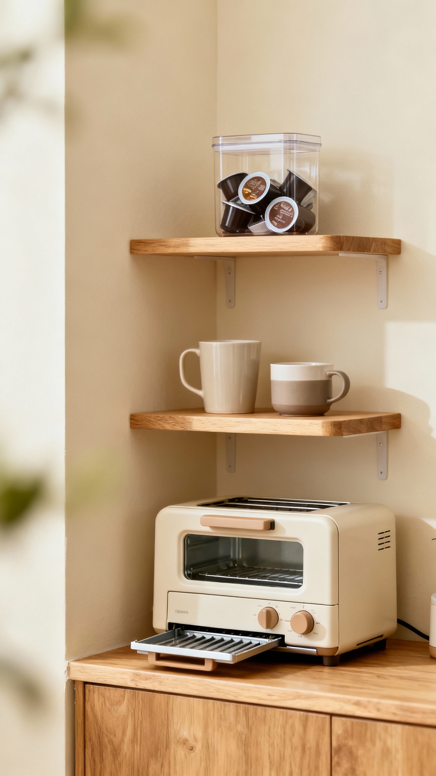 Stacking corner shelf scene: toaster bottom with crumb tray, mugs and coffee pods top