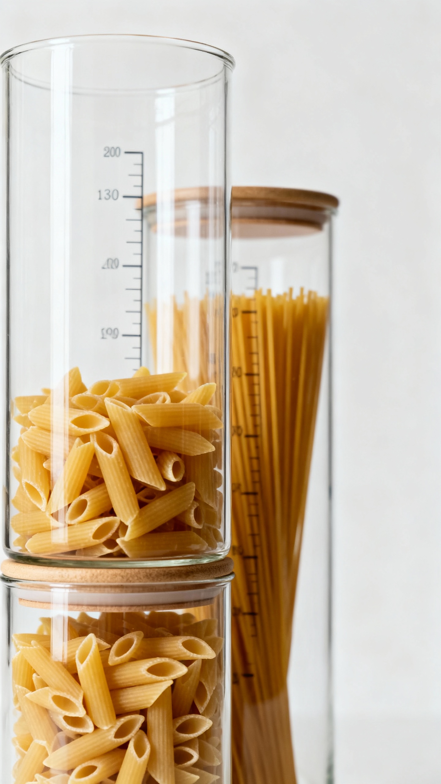 Tall clear pasta canisters stacked, spaghetti and penne, measurement marks