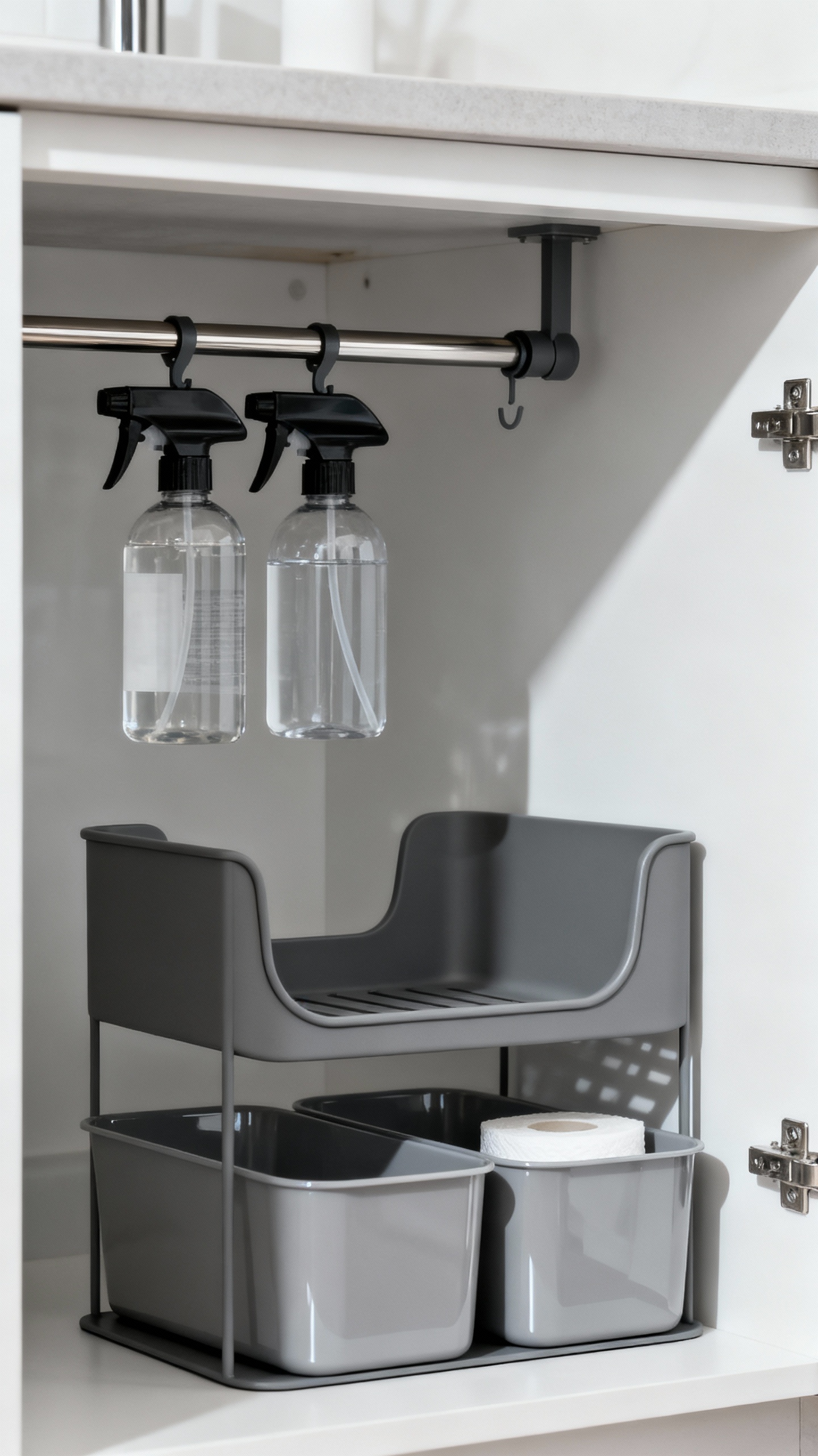 Under-sink tension rod with hanging spray bottles, U-shaped shelf, wipeable bins